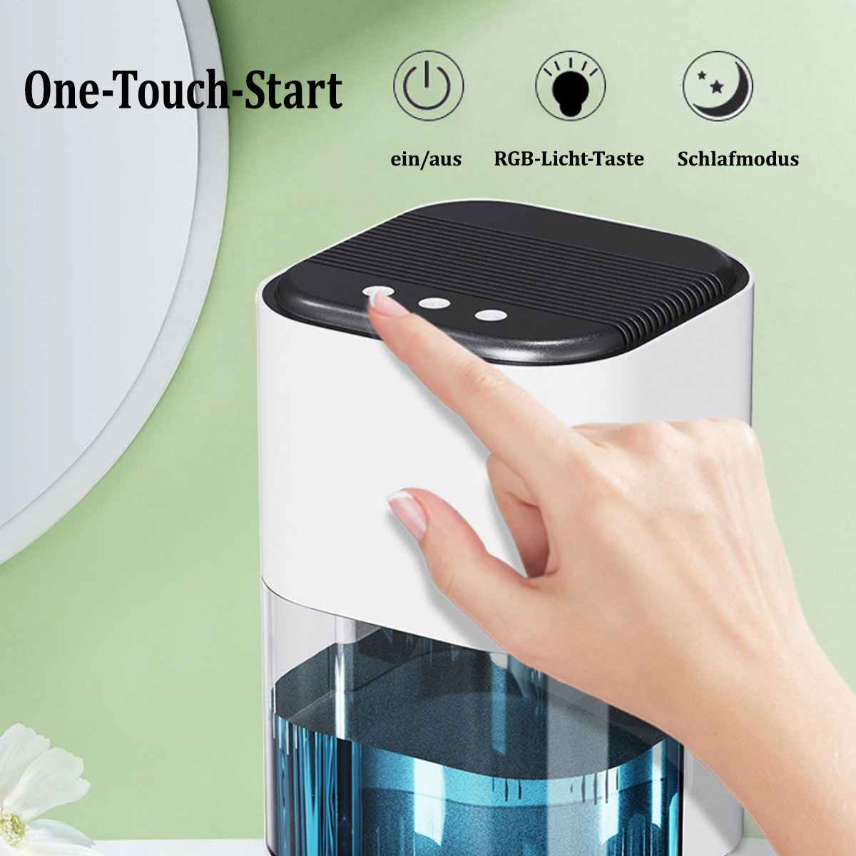 Ręka naciska przycisk na biało-czarnym urządzeniu. Tekst: One-Touch-Start.