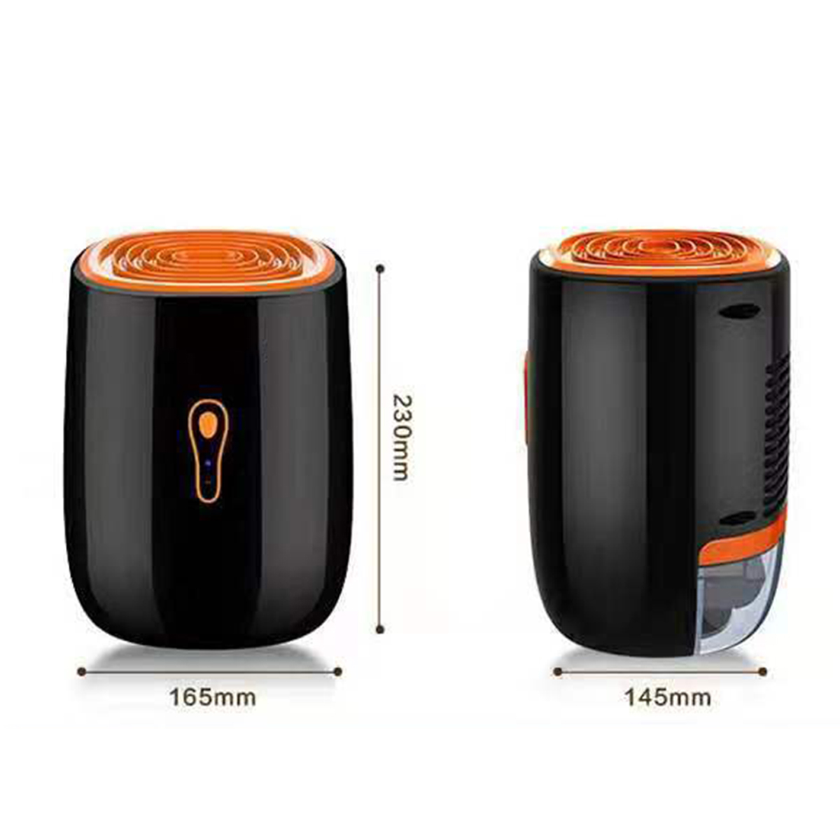 Dwa czarno-pomarańczowe osuszacze powietrza, obok siebie. Wymiary: 230 mm wysokości, 165 mm szerokości, 145 mm długości.