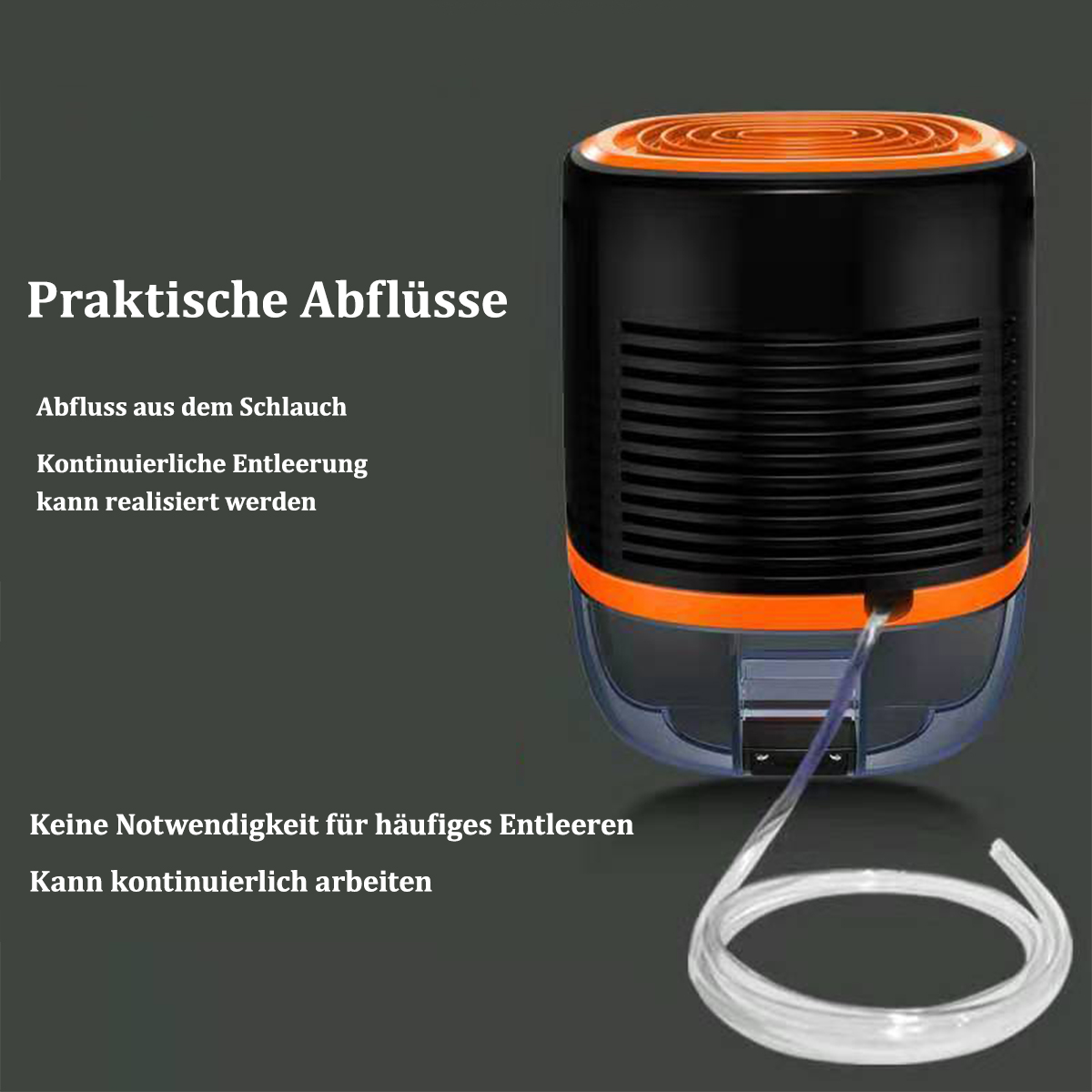 Czarny i pomarańczowy oczyszczacz powietrza z wężem. Niemiecki tekst opisuje funkcje.