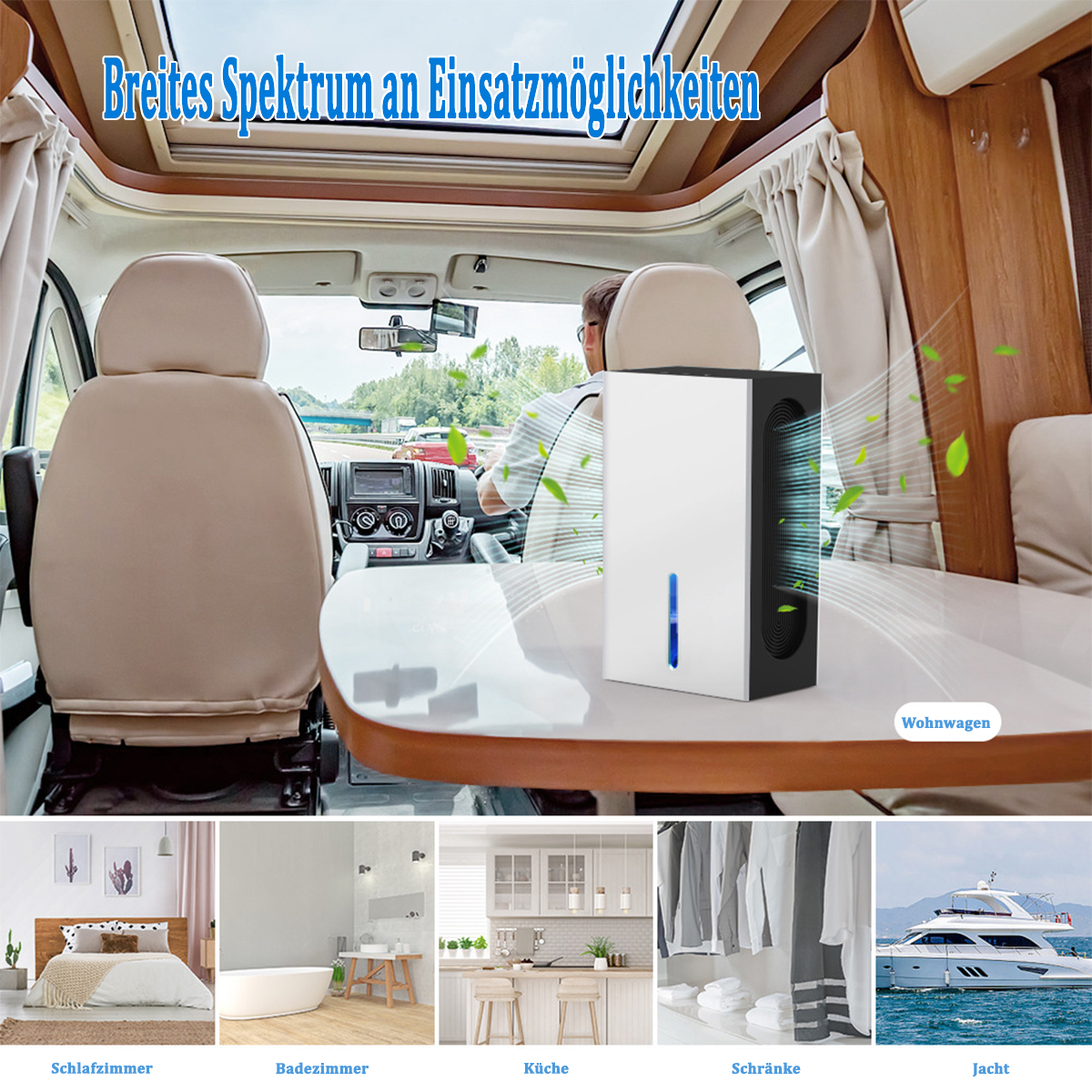 Oczyszczacz powietrza w kamperze, otoczony zdjęciami sypialni, łazienki, kuchni, jachtu.