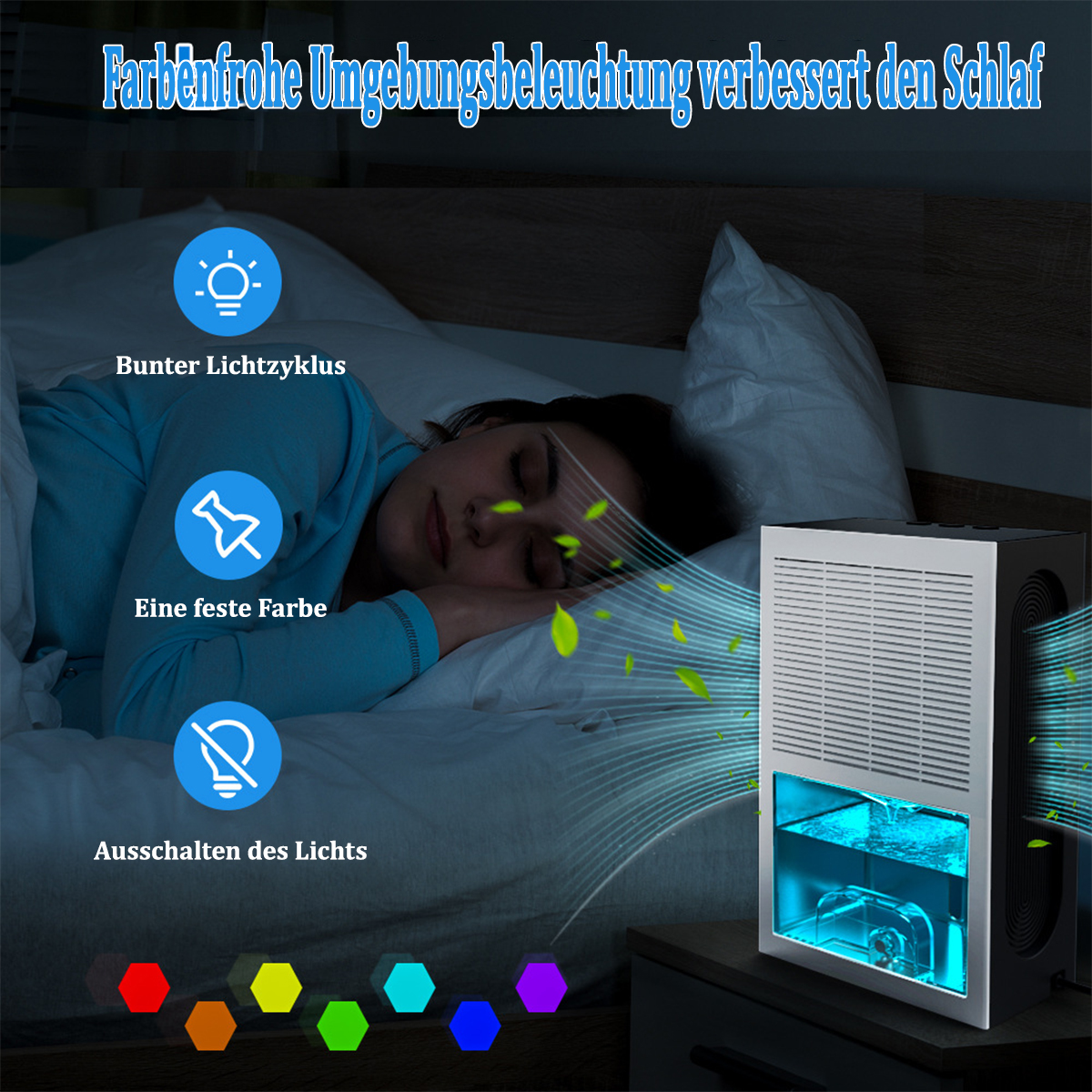 Kobieta śpi obok oczyszczacza powietrza. Oczyszczacz emituje niebieskie światło i ma kolory.