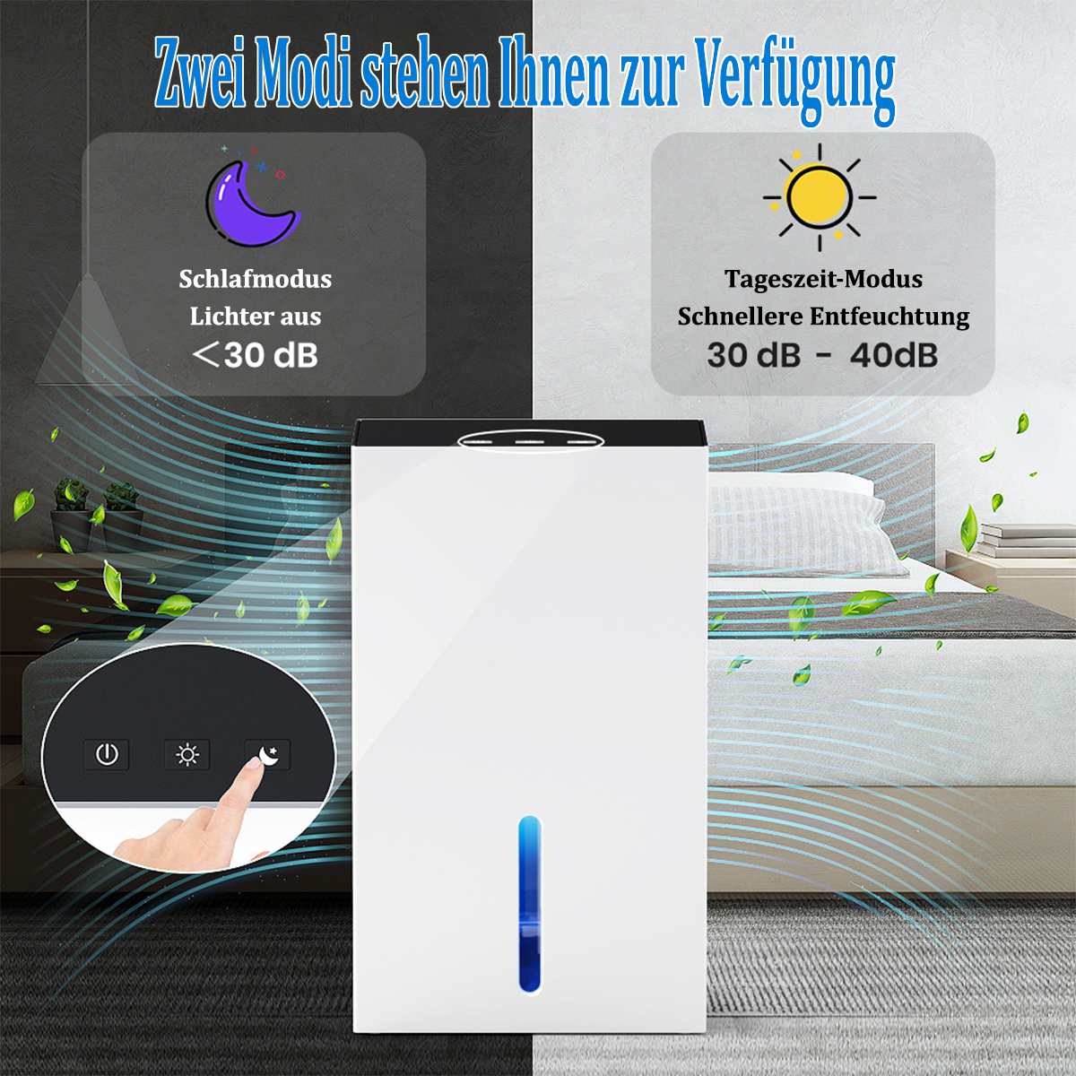 Biało-czysty oczyszczacz powietrza z dwoma trybami: trybem uśpienia i trybem dziennym. Teksty są na niebieskim i białym tle.