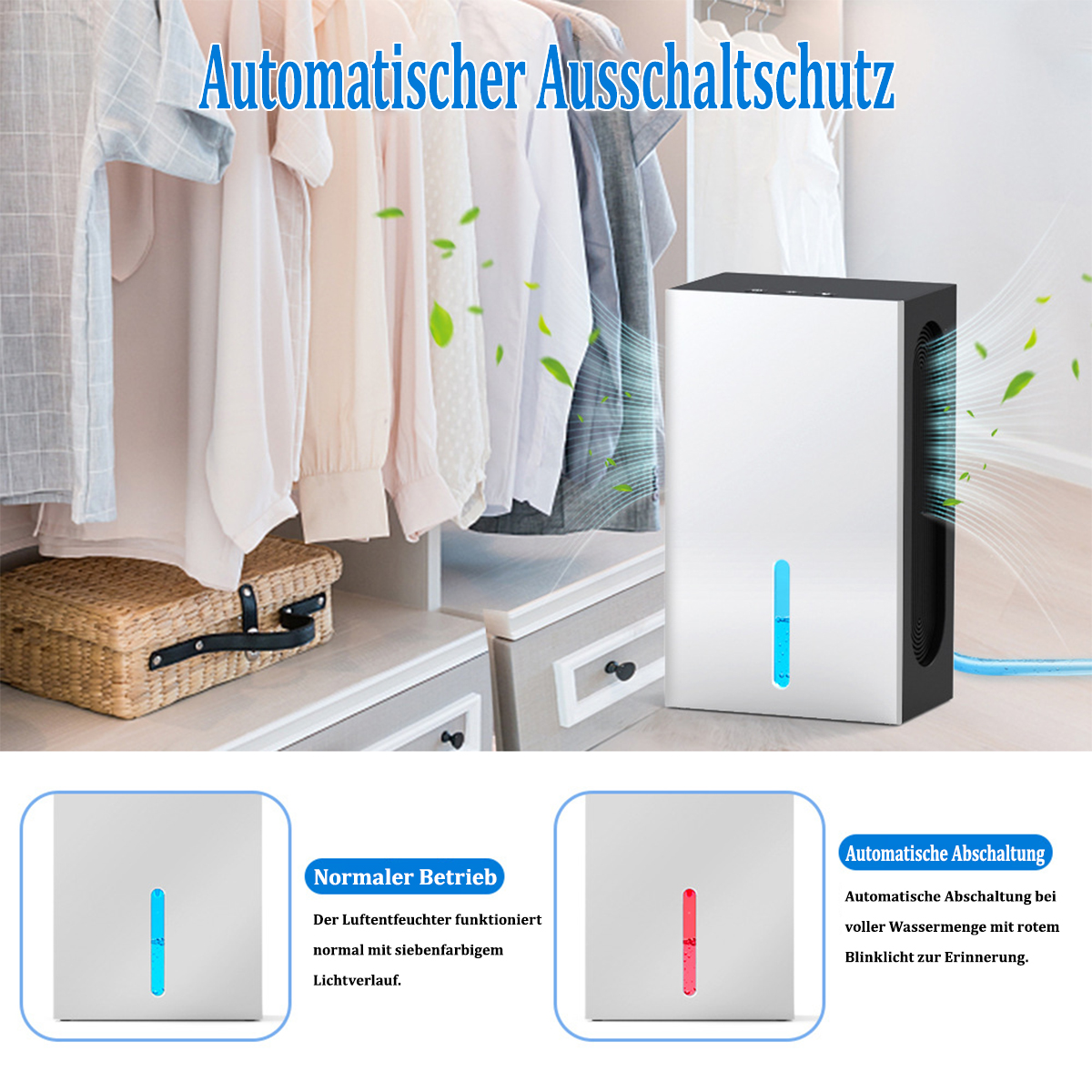 Osuszacz z ubraniami w tle. Ma biało-czarną kolorystykę z niebieskimi i czerwonymi lampkami kontrolnymi.