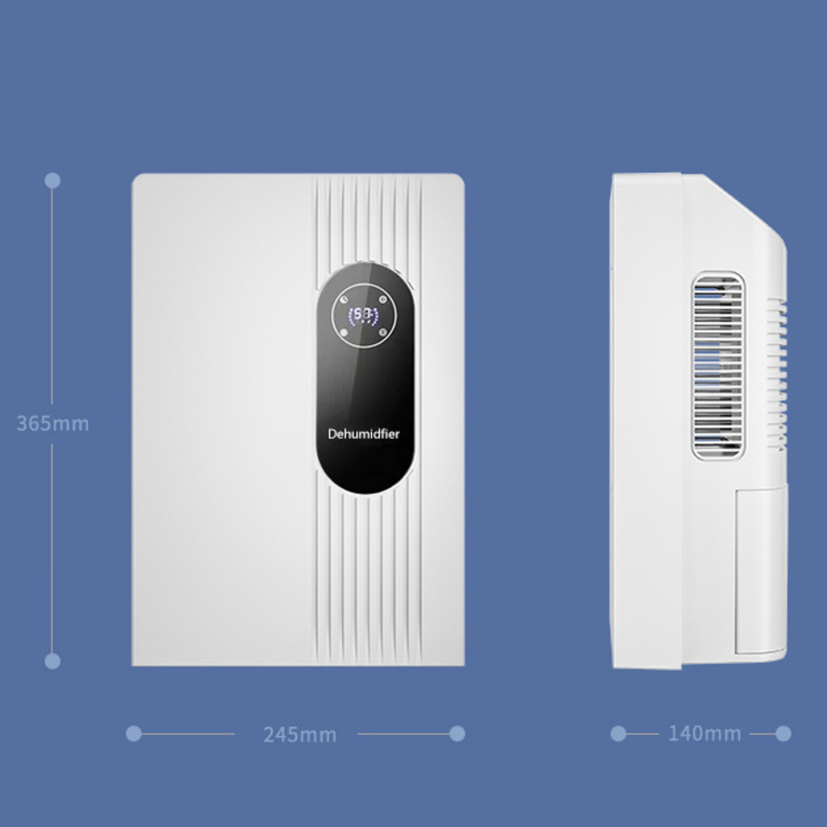 Biały osuszacz z wymiarami w mm, niebieskie tło.