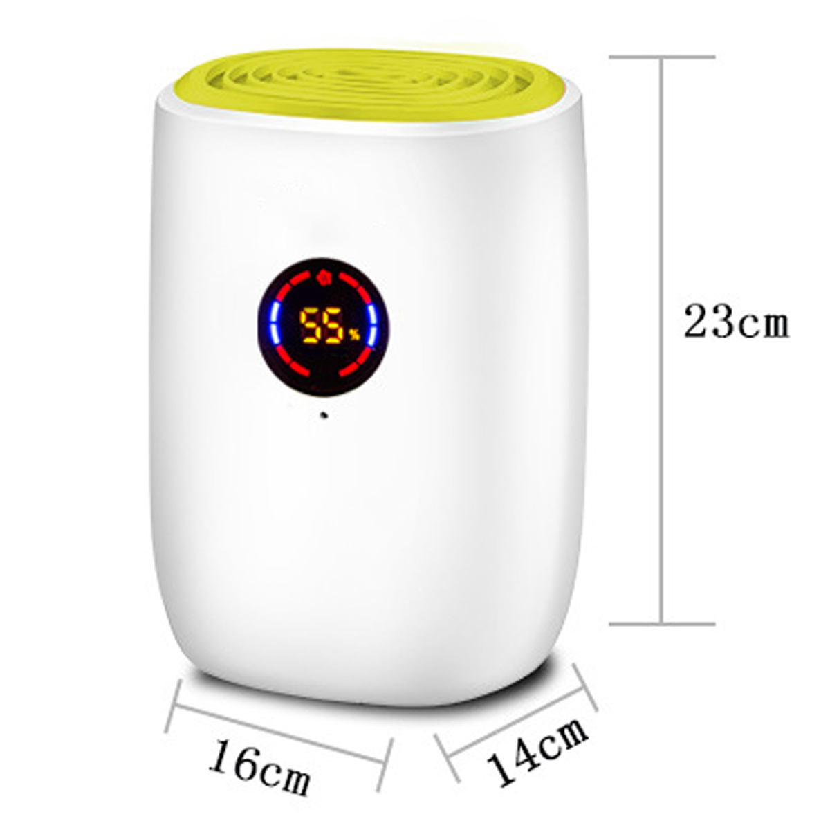 Biały osuszacz z wyświetlaczem, wymiarami, białe tło.