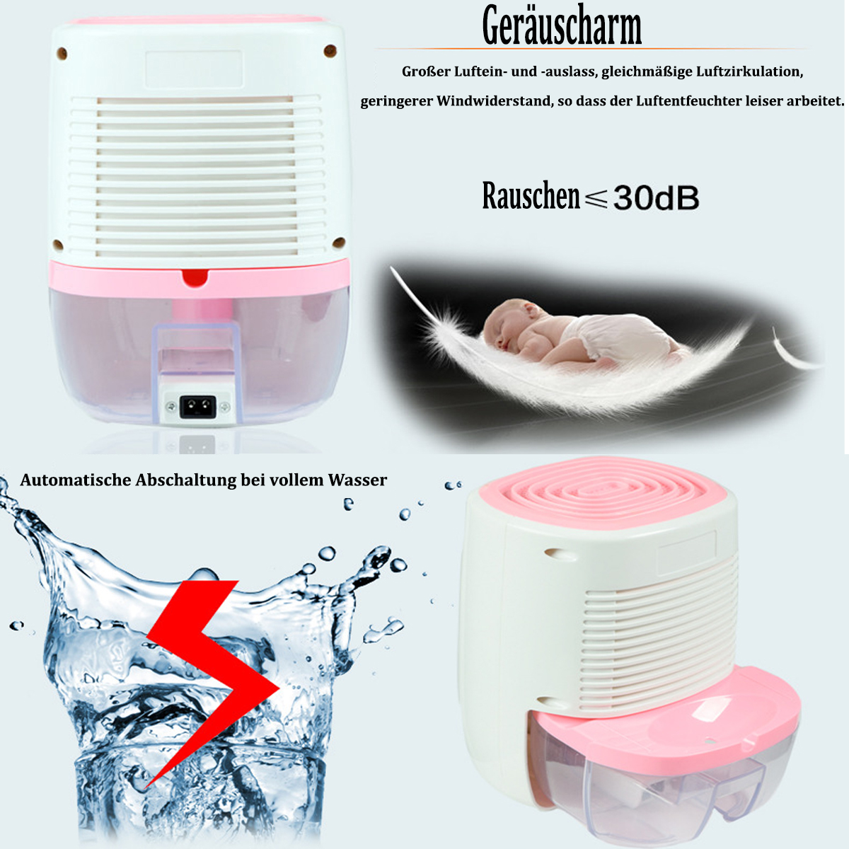 Zdjęcia białego i różowego osuszacza powietrza. Jedno pokazuje dziecko na piórze, drugie krople wody.