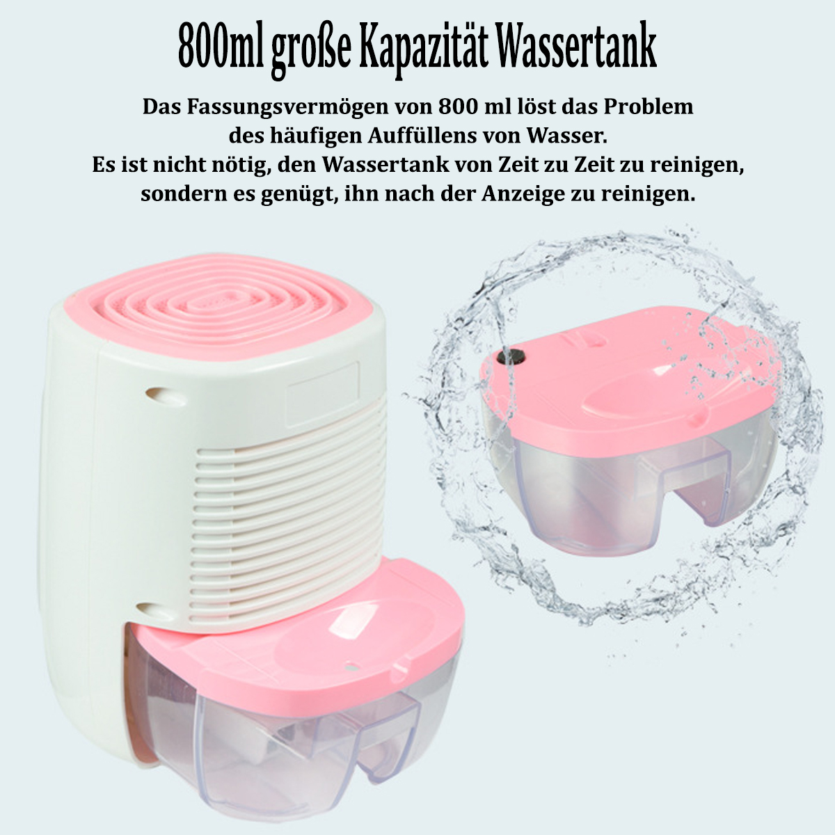 Biały i różowy osuszacz z przezroczystym zbiornikiem na wodę, pokazujący efekt rozprysku wody.