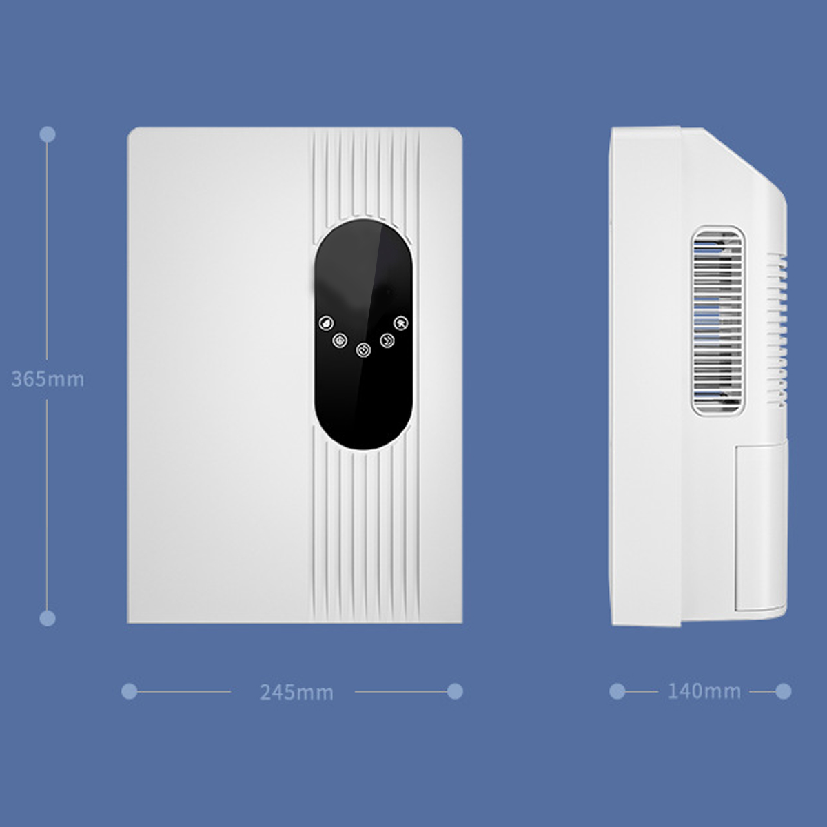 Widok z przodu i z boku białego oczyszczacza powietrza. Wymiary podane z boku.