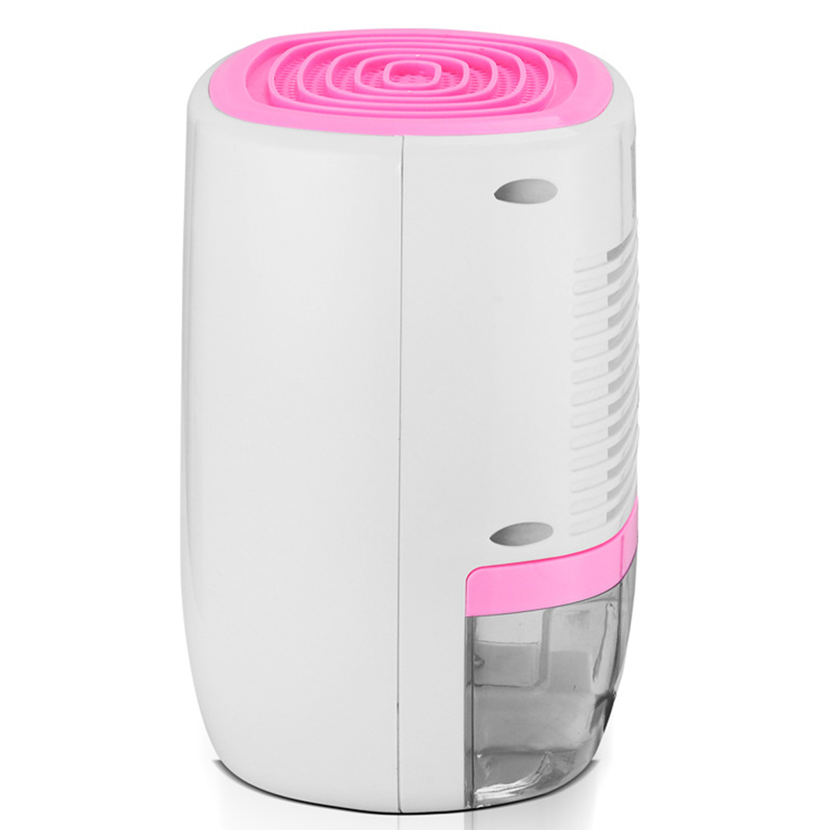 Biały i różowy osuszacz powietrza z różową górą. Przezroczysty zbiornik na wodę na dole.