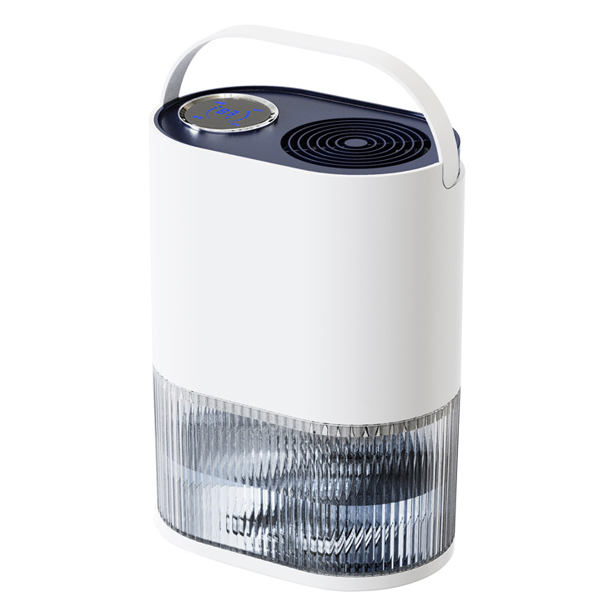 Biały i niebieski oczyszczacz powietrza z uchwytem.