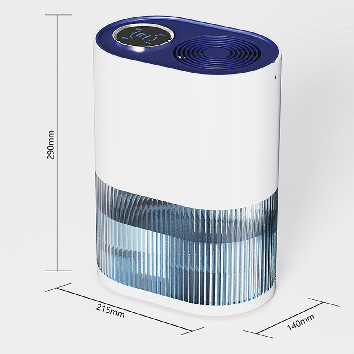 Biało-niebieski nawilżacz z wymiarami. Przezroczysty pojemnik na wodę na dole.