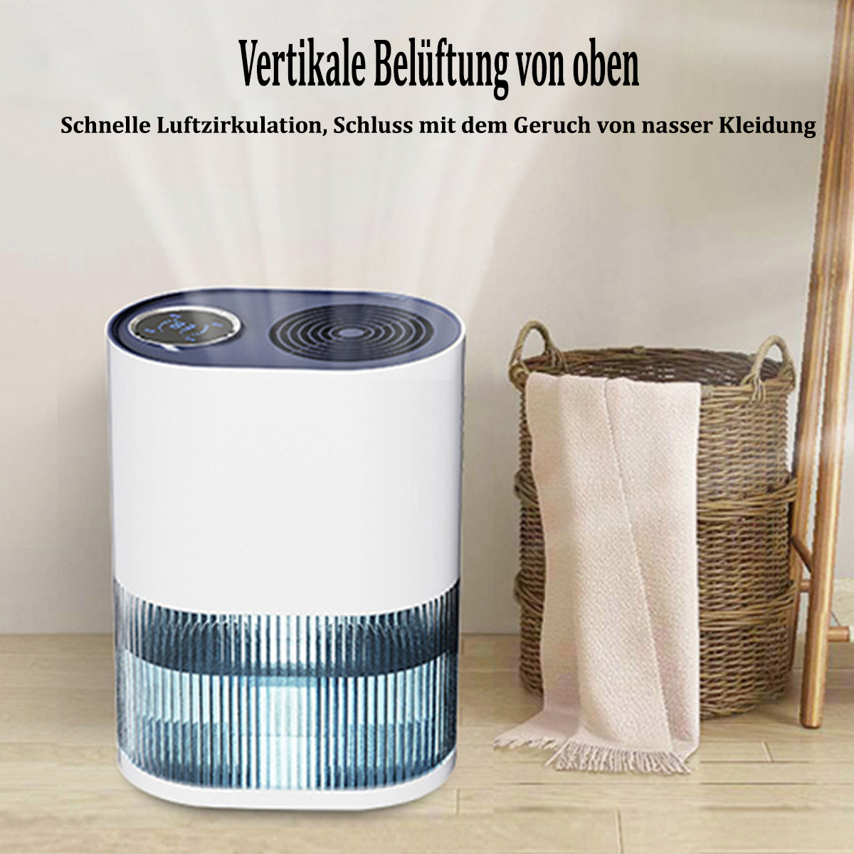 Biało-niebieski oczyszczacz powietrza z tekstem na górze. Po prawej kosz i ręcznik.