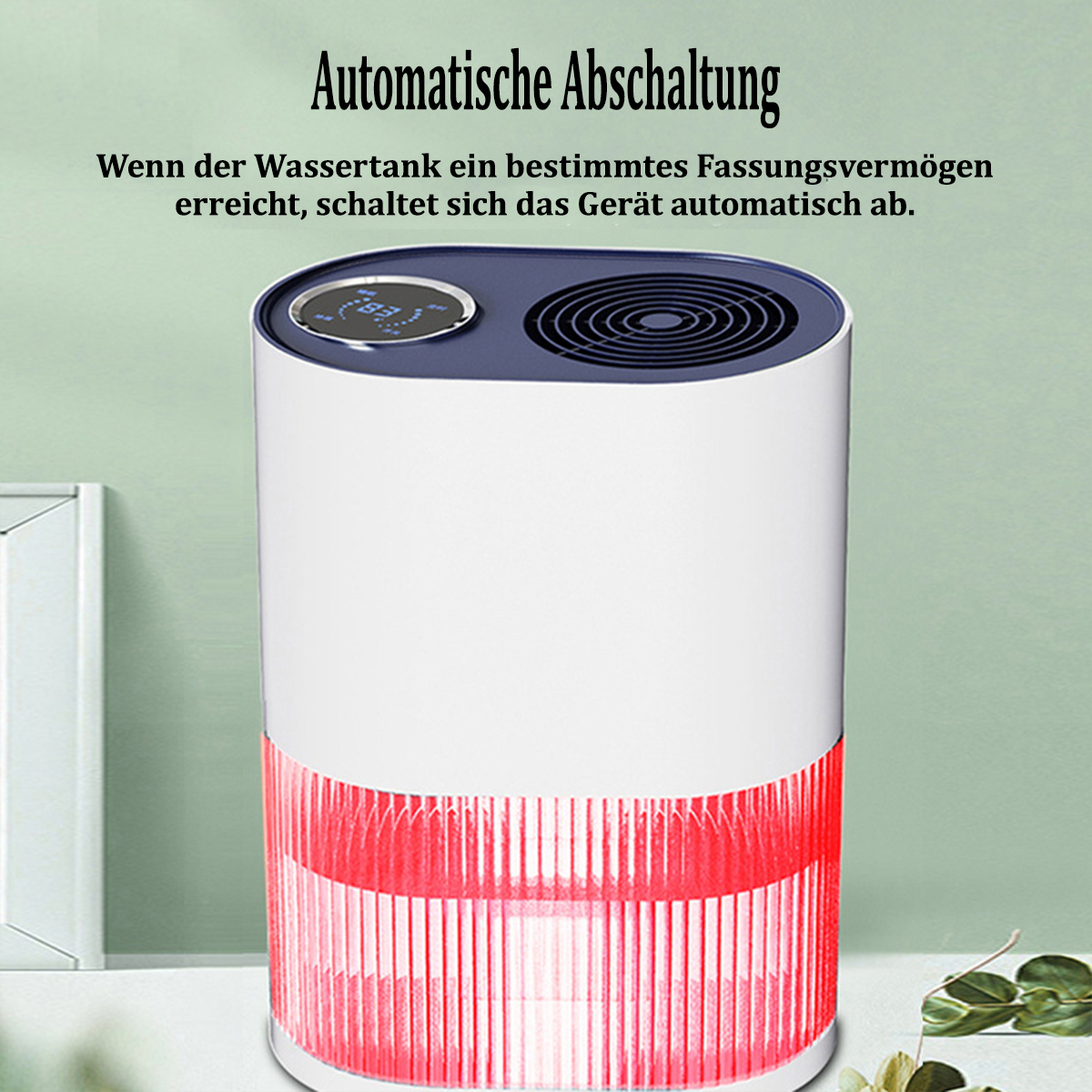 Biało-niebieski nawilżacz z czerwonym światłem na dole, wyświetlaczem cyfrowym i wentylacją.