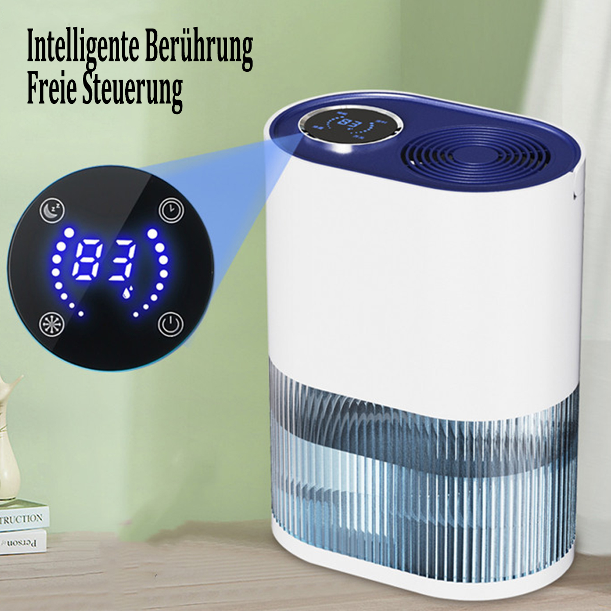Biało-niebieski inteligentny oczyszczacz powietrza z cyfrowym wyświetlaczem i napisem 'Inteligentny dotyk'.
