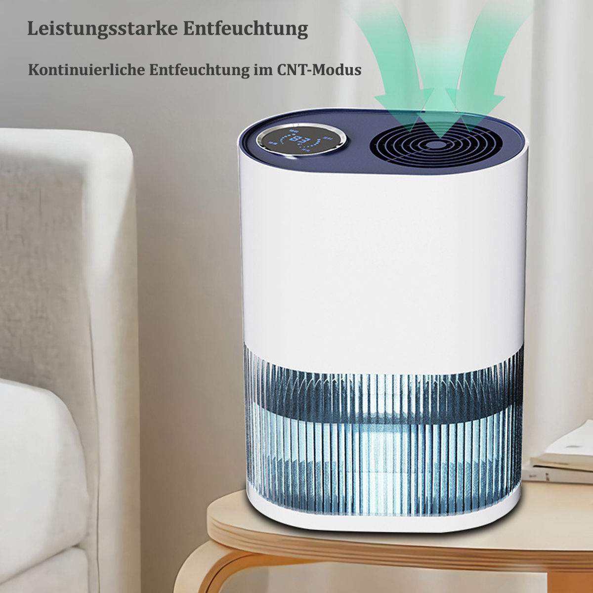 Biało-niebieski oczyszczacz powietrza na drewnianym stole, z tekstem i tłem.