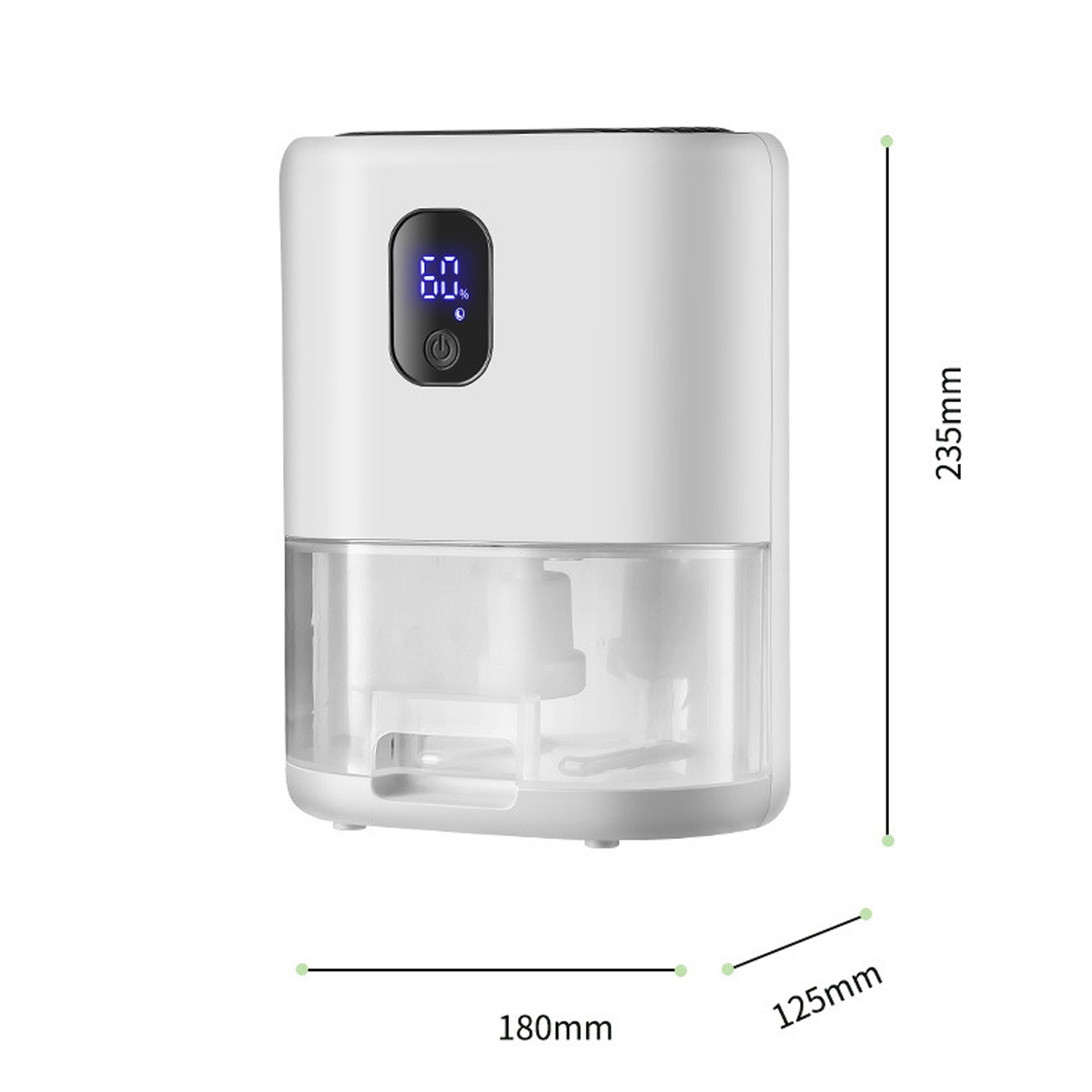 Biały osuszacz powietrza z cyfrowym wyświetlaczem pokazującym procent i wymiary w mm.