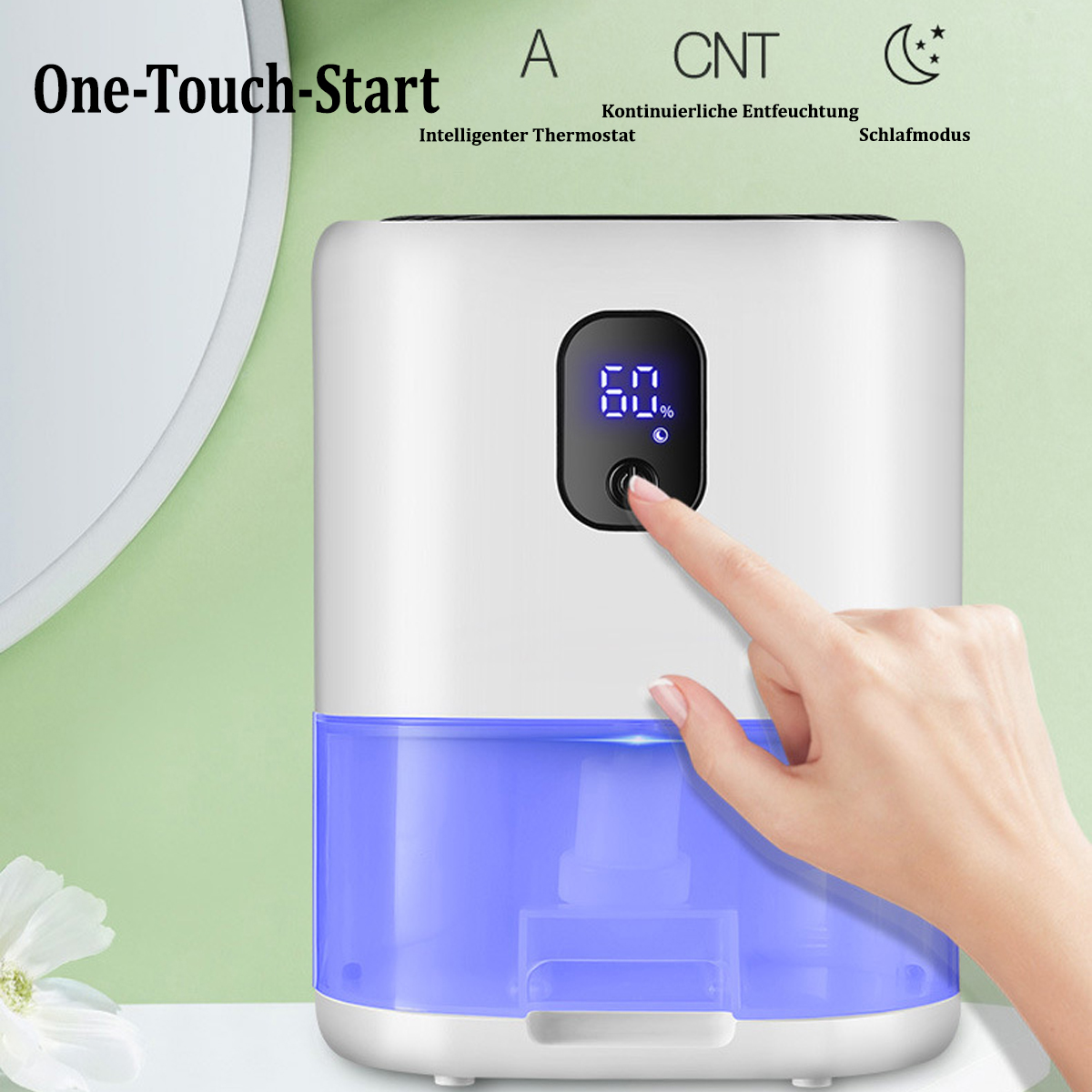 Biały i niebieski osuszacz powietrza z cyfrowym wyświetlaczem i dotykającą go dłonią.