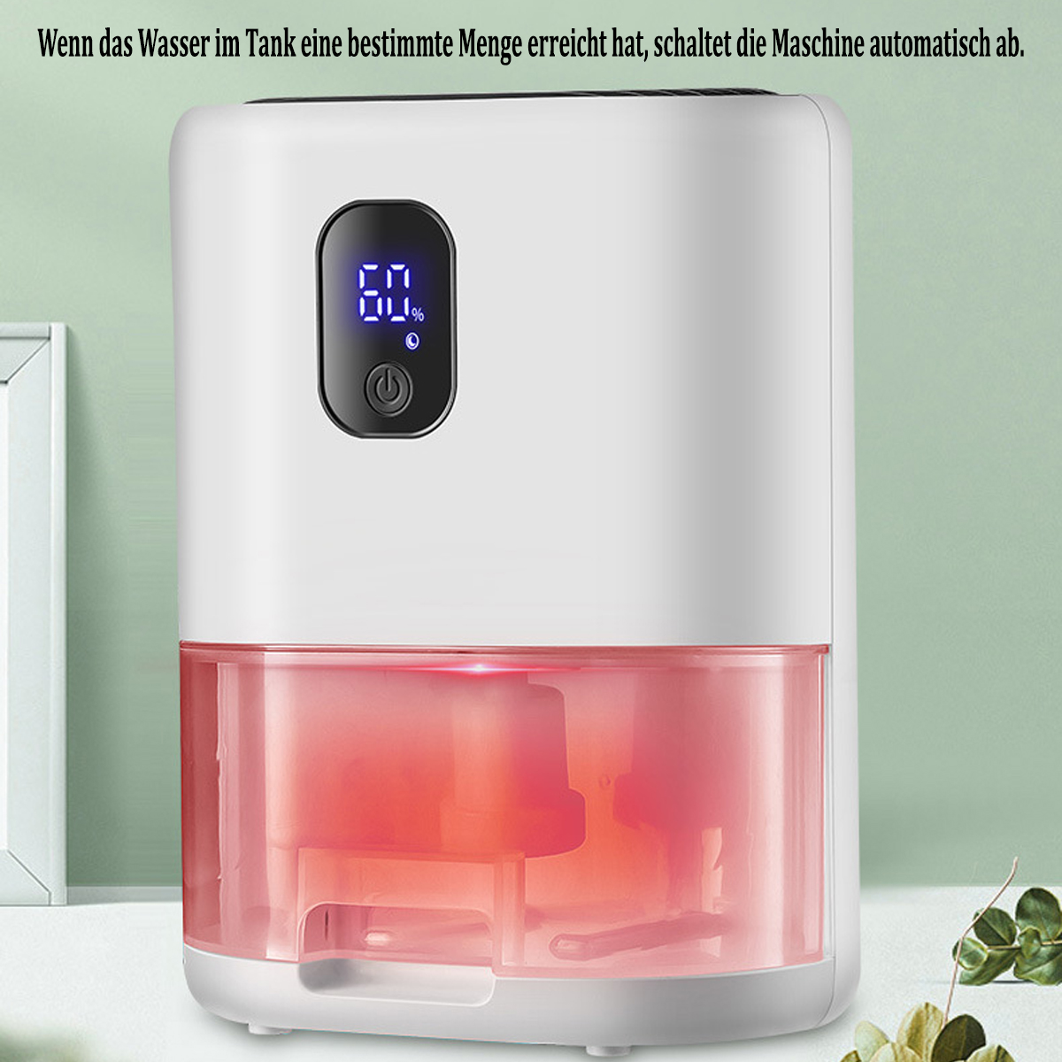 Białe urządzenie z czerwonym zbiornikiem na wodę i wyświetlaczem. Tekst po niemiecku u góry.