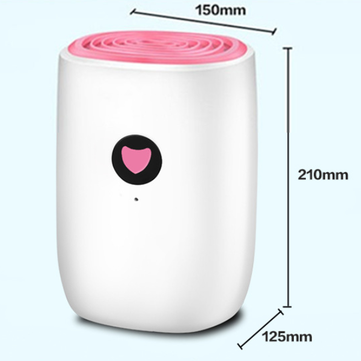 Biały, cylindryczny osuszacz z różowym wierzchem. Wymiary: 150x125x210 mm. Przycisk zasilania w kształcie serca.