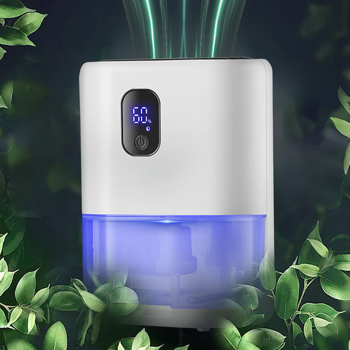 Biały i niebieski nawilżacz powietrza. Wyświetlacz cyfrowy pokazujący procent. Otoczony zielonymi roślinami.