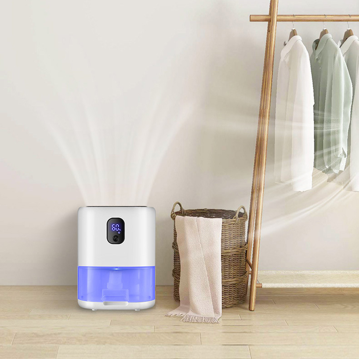 Biały i niebieski osuszacz z ubraniami na wieszaku i koszem z ręcznikiem.