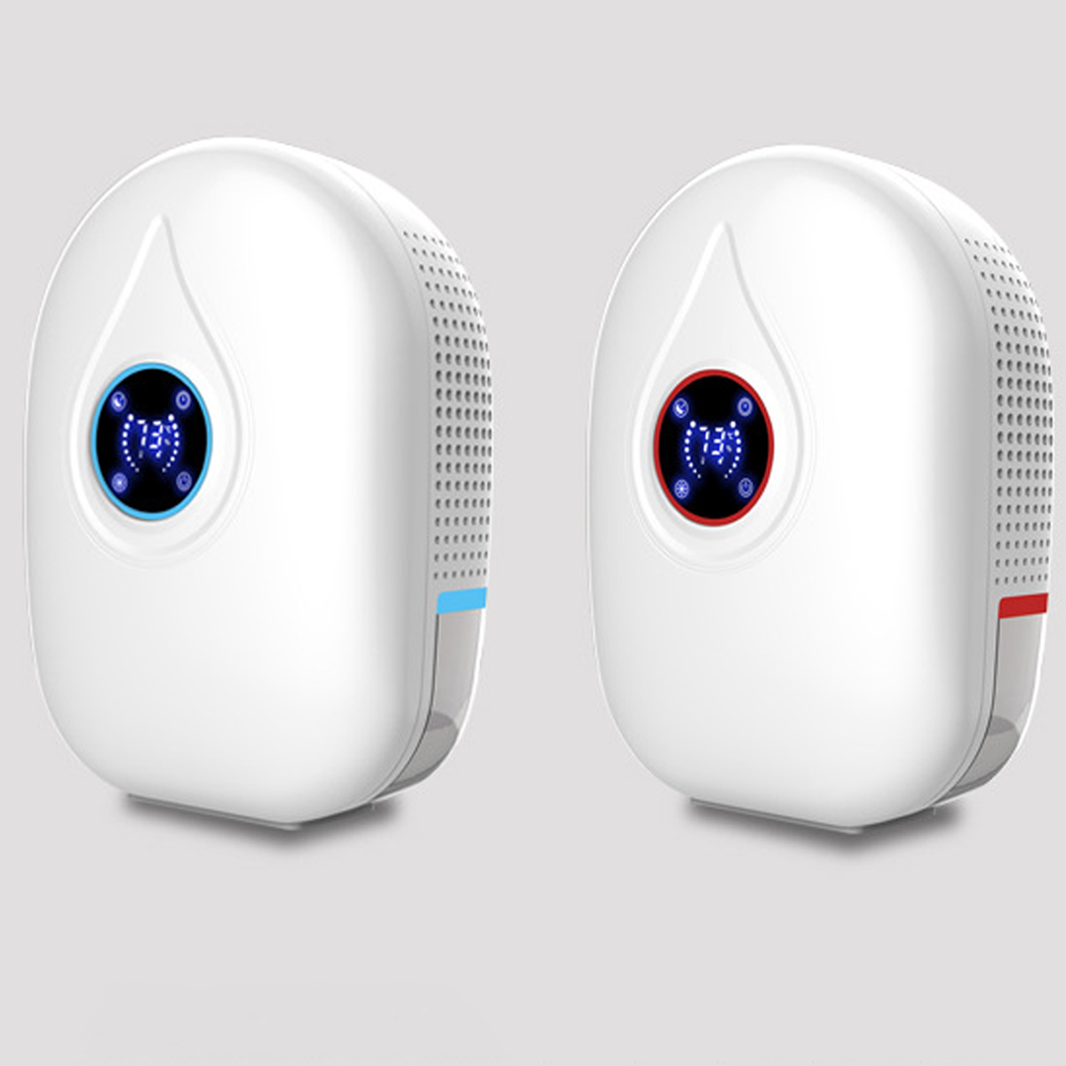 Dwa białe osuszacze powietrza z cyfrowymi wyświetlaczami pokazującymi poziom wilgotności. Jeden ma niebieskie i czerwone akcenty.