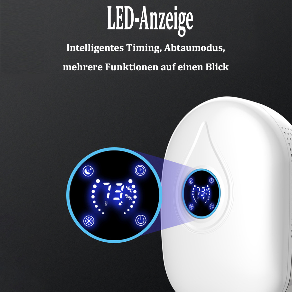 Zbliżenie białego oczyszczacza powietrza z cyfrowym wyświetlaczem. Wyświetlacz pokazuje liczby i symbole.