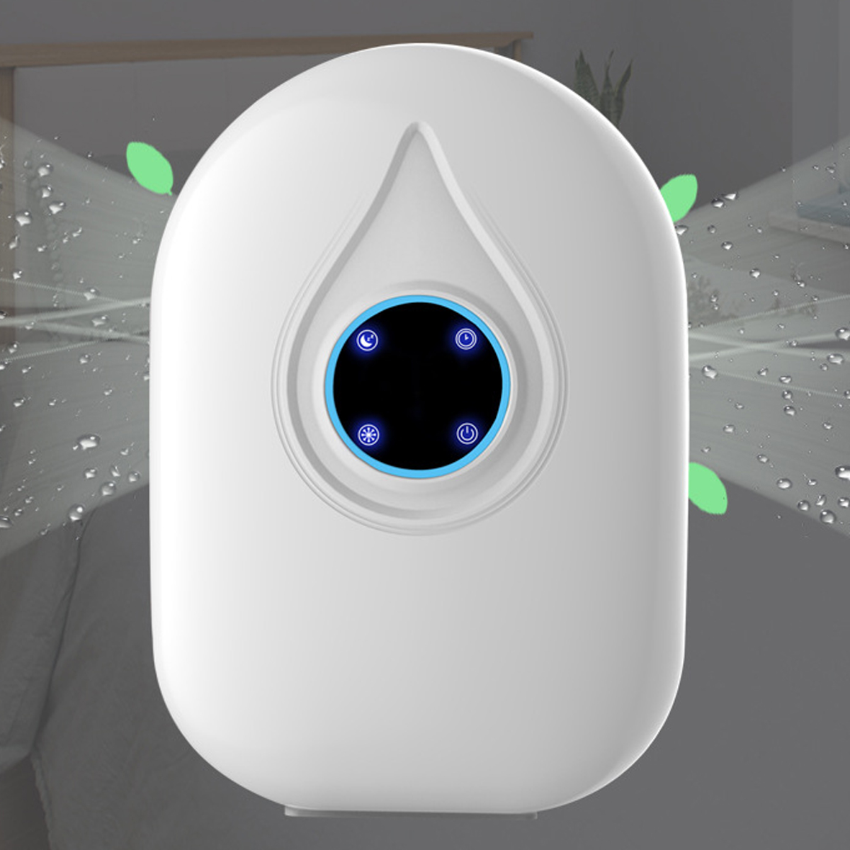 Biały oczyszczacz powietrza z podświetlanymi na niebiesko przyciskami, kroplami wody i zielonymi liśćmi.