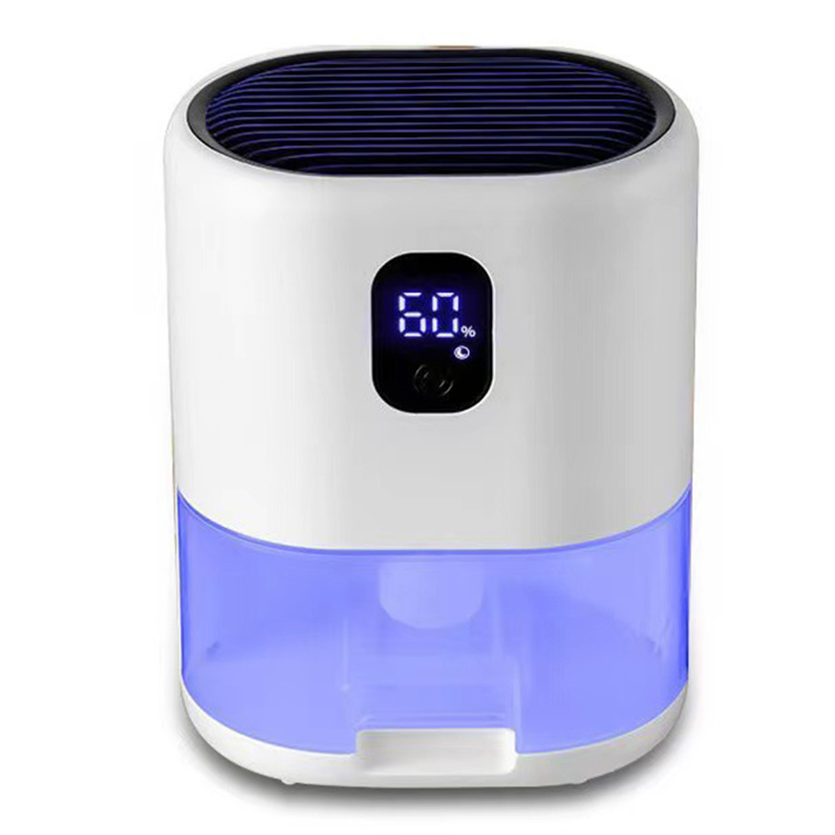 Biały osuszacz powietrza z niebieskim podświetlanym zbiornikiem na wodę i cyfrowym wyświetlaczem pokazującym 60%. Na górze czarne otwory wentylacyjne.