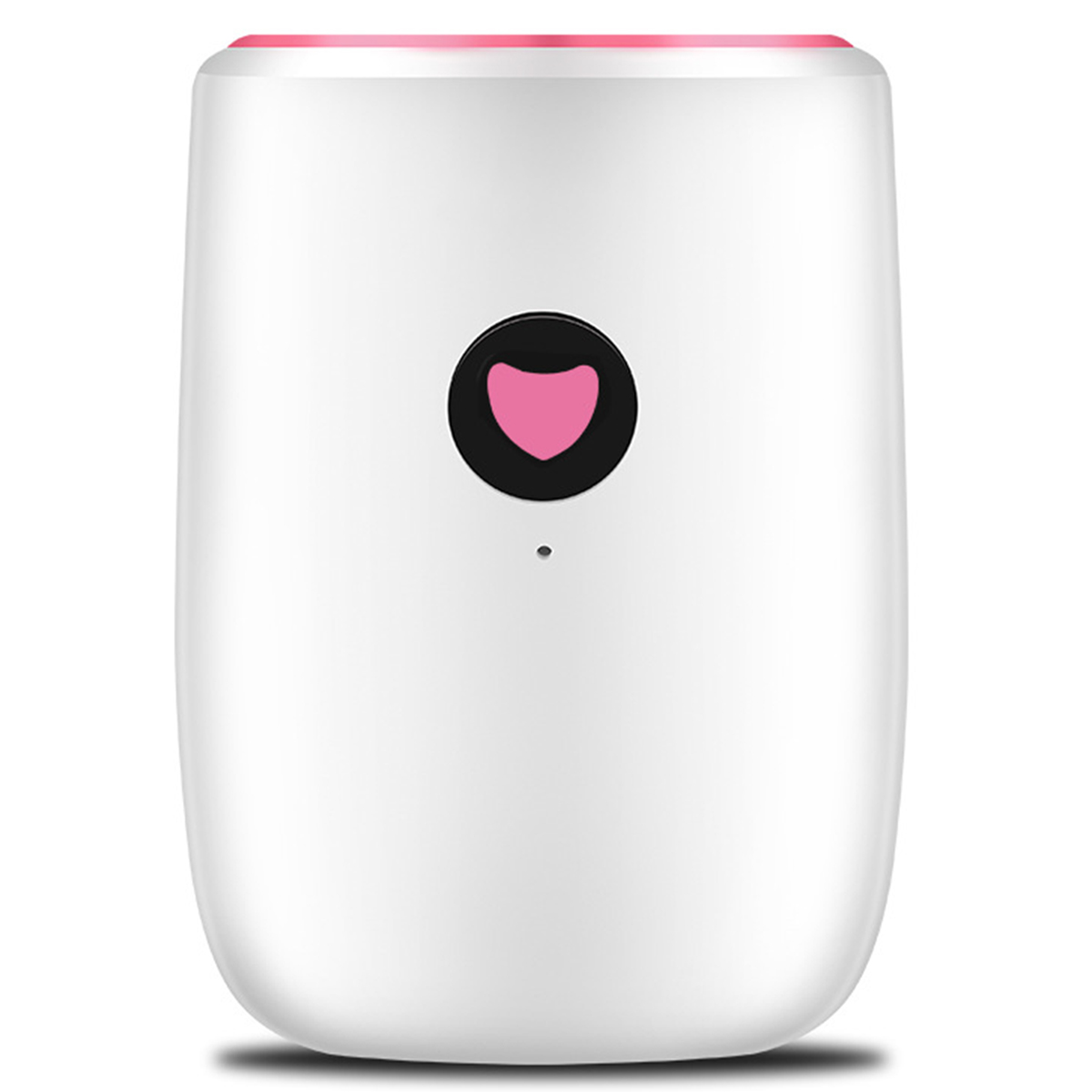 Biały nawilżacz w kształcie serca z różowym guzikiem w kształcie serca. Poniżej przycisku znajduje się wskaźnik świetlny.