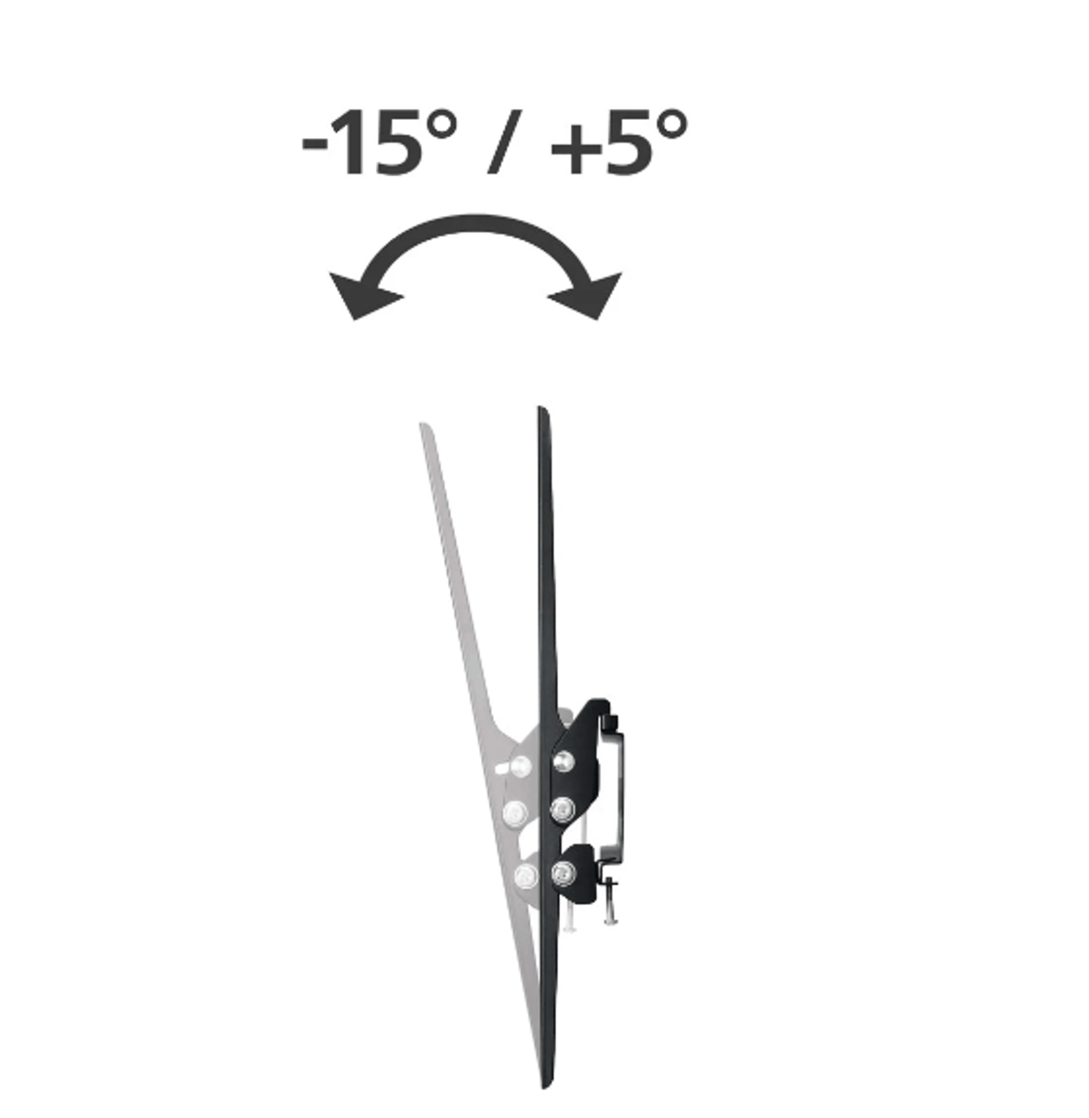 Support TV montrant l'angle d'inclinaison de -15 à +5 degrés.