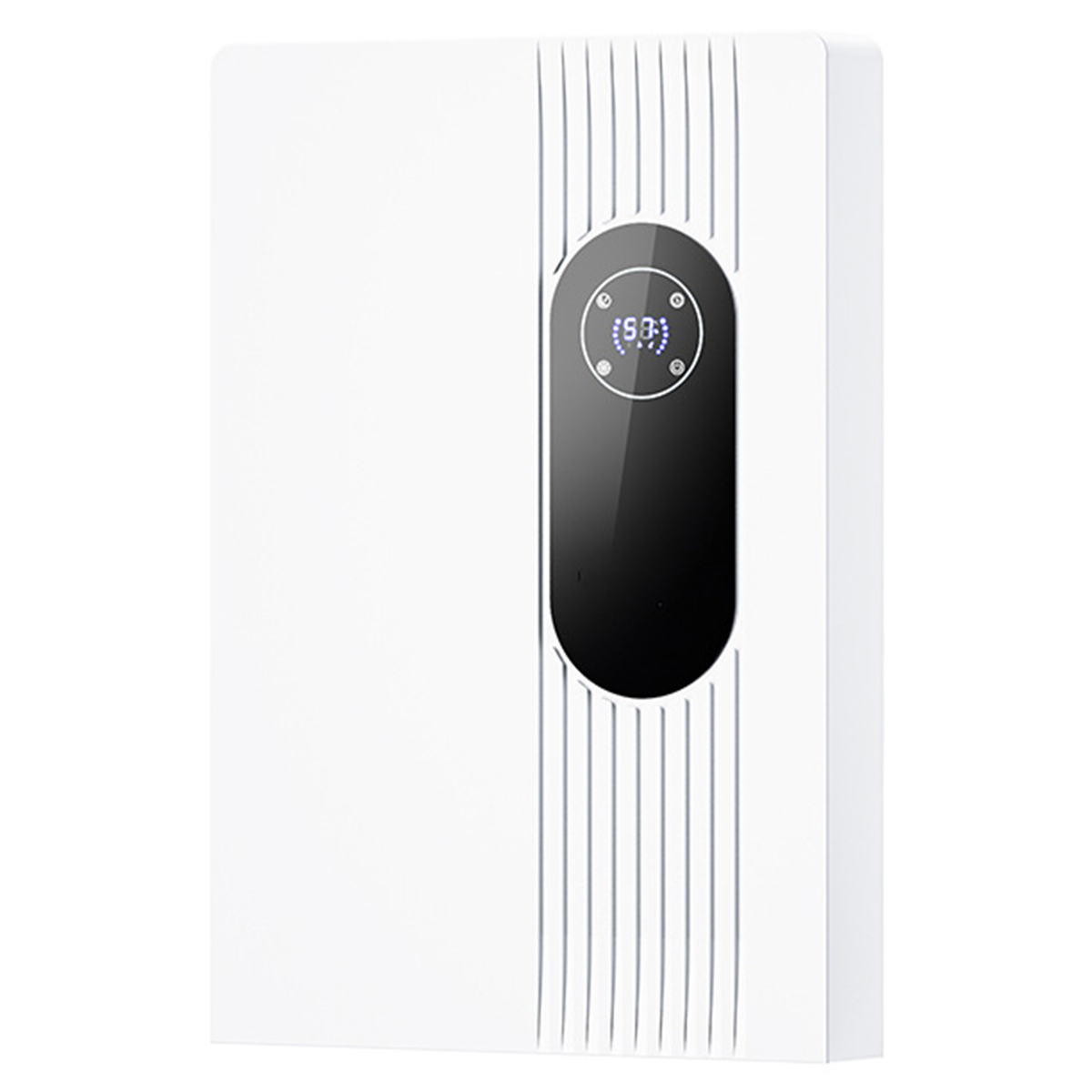 Białe prostokątne urządzenie z wyświetlaczem cyfrowym, zamontowane na ścianie.