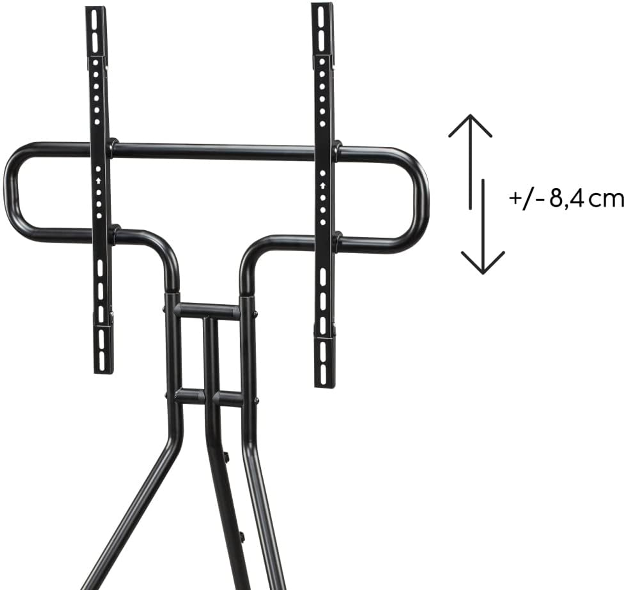 Czarny stojak pod telewizor z dwoma pionowymi wspornikami. Strzałki wskazują regulowaną wysokość (+/- 8,4 cm).