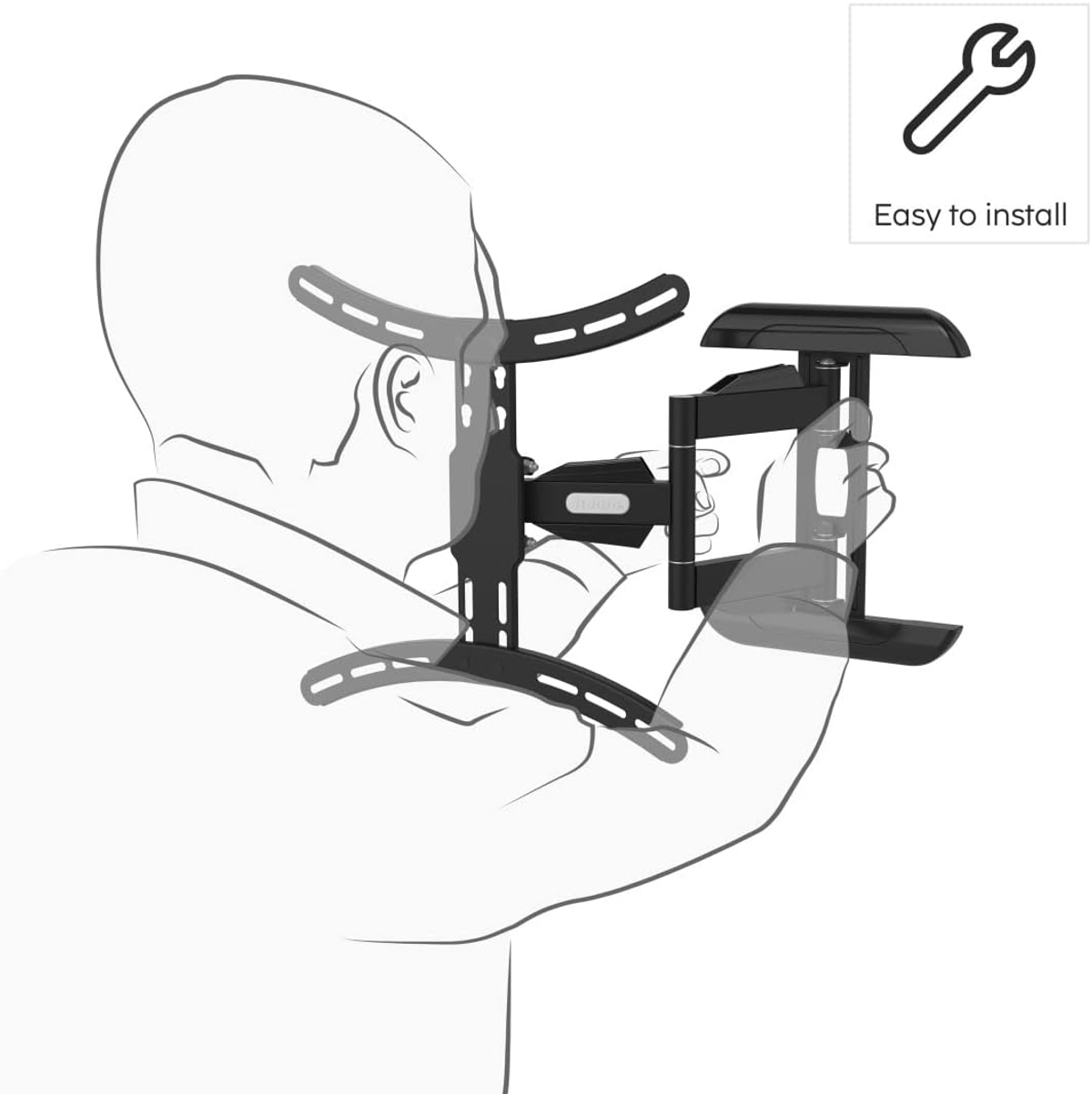 Una persona instalando un soporte de pared para TV. El soporte es negro, y el texto dice: Fácil de instalar.