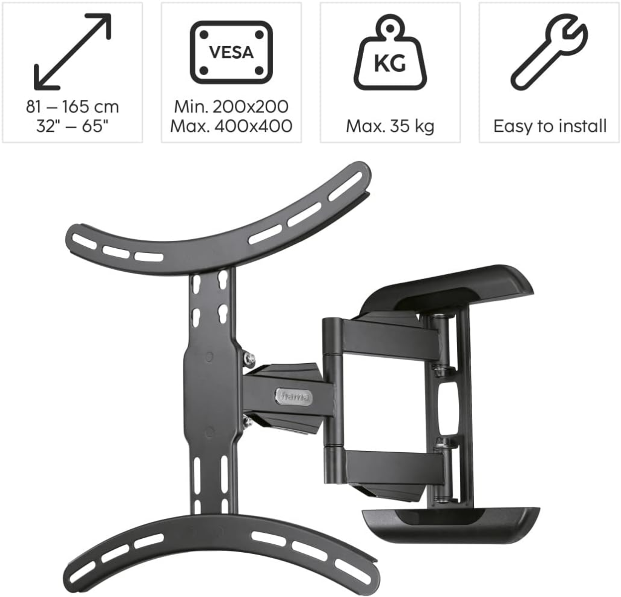 Un soporte de pared para TV negro con brazos ajustables, etiquetado con dimensiones y detalles de capacidad de peso.