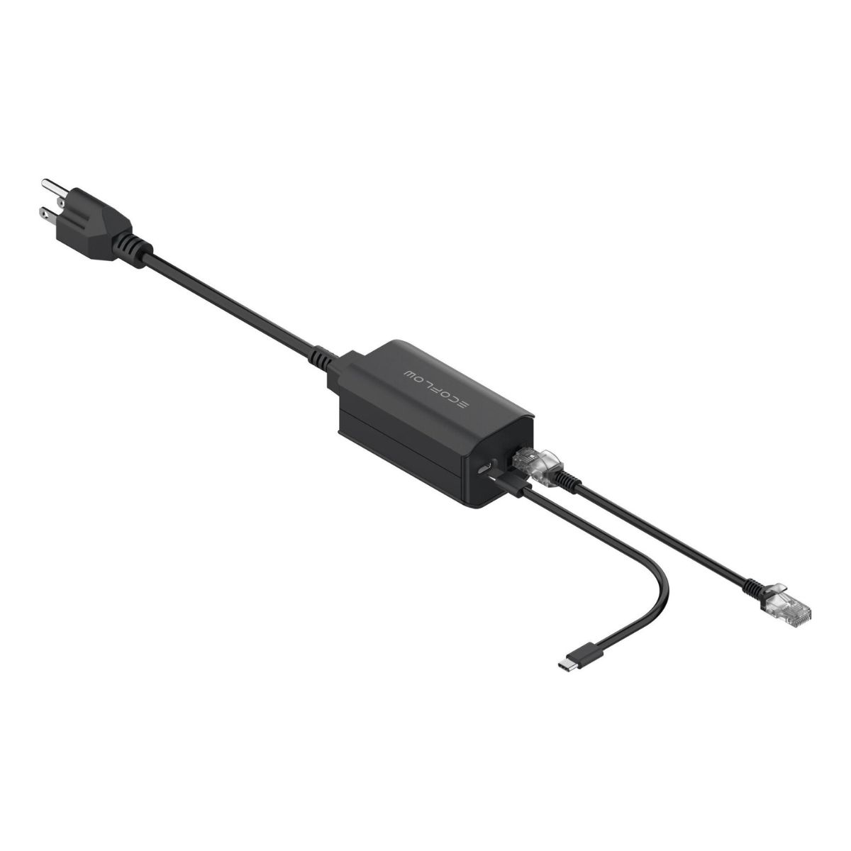 Un adaptador de corriente negro con varios enchufes y un cable, más dos conectores RJ45.