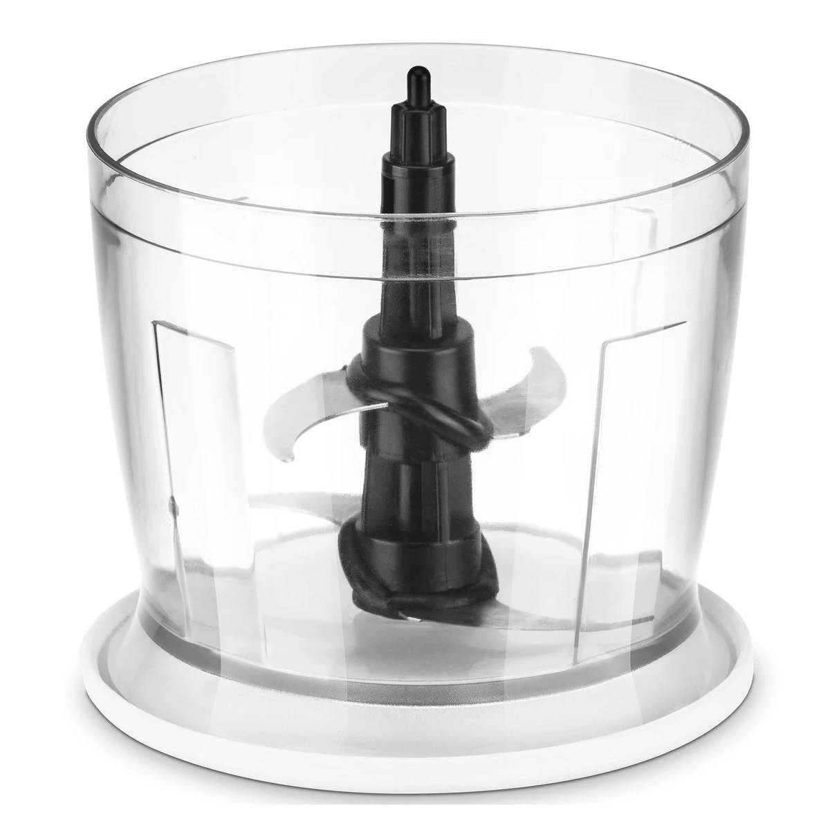 Contenedor de licuadora de plástico transparente con un conjunto de cuchillas negras dentro, sobre una base blanca.