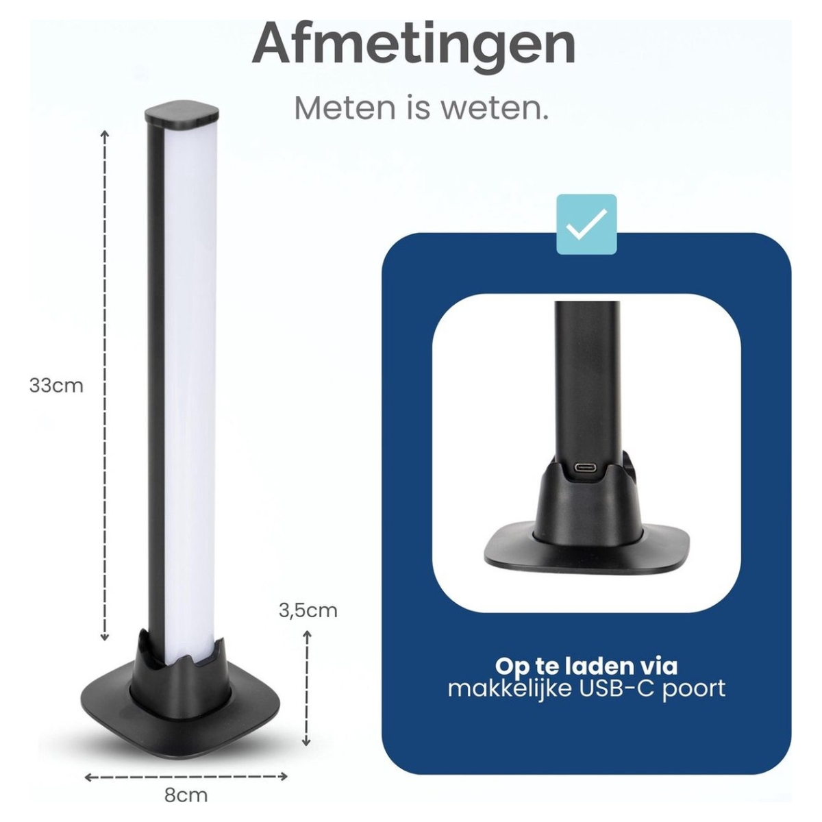 Black and white lamp with measurements in cm. Text says: To charge via easy USB port.