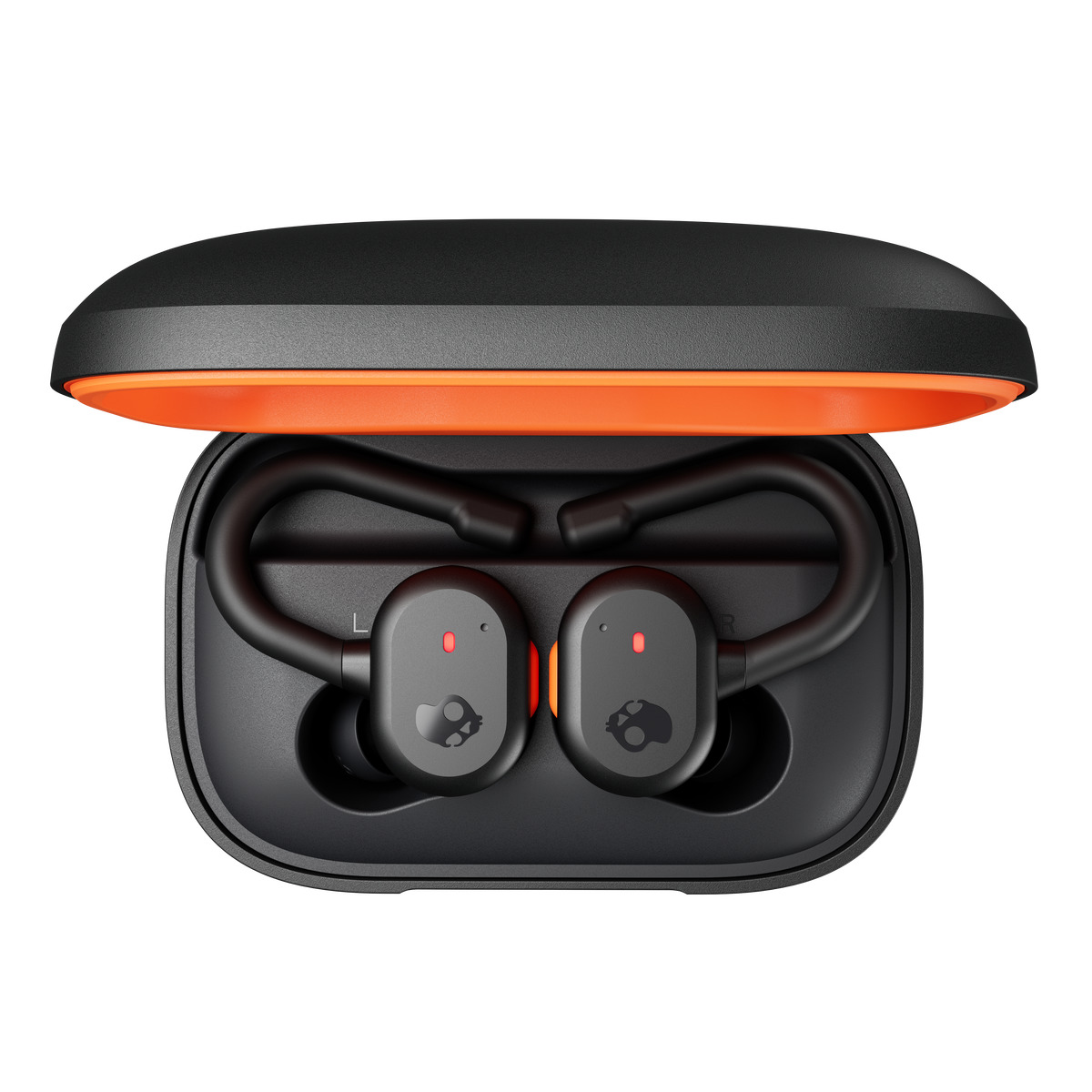 Black Skullcandy wireless earbuds in a black and orange charging case, open.