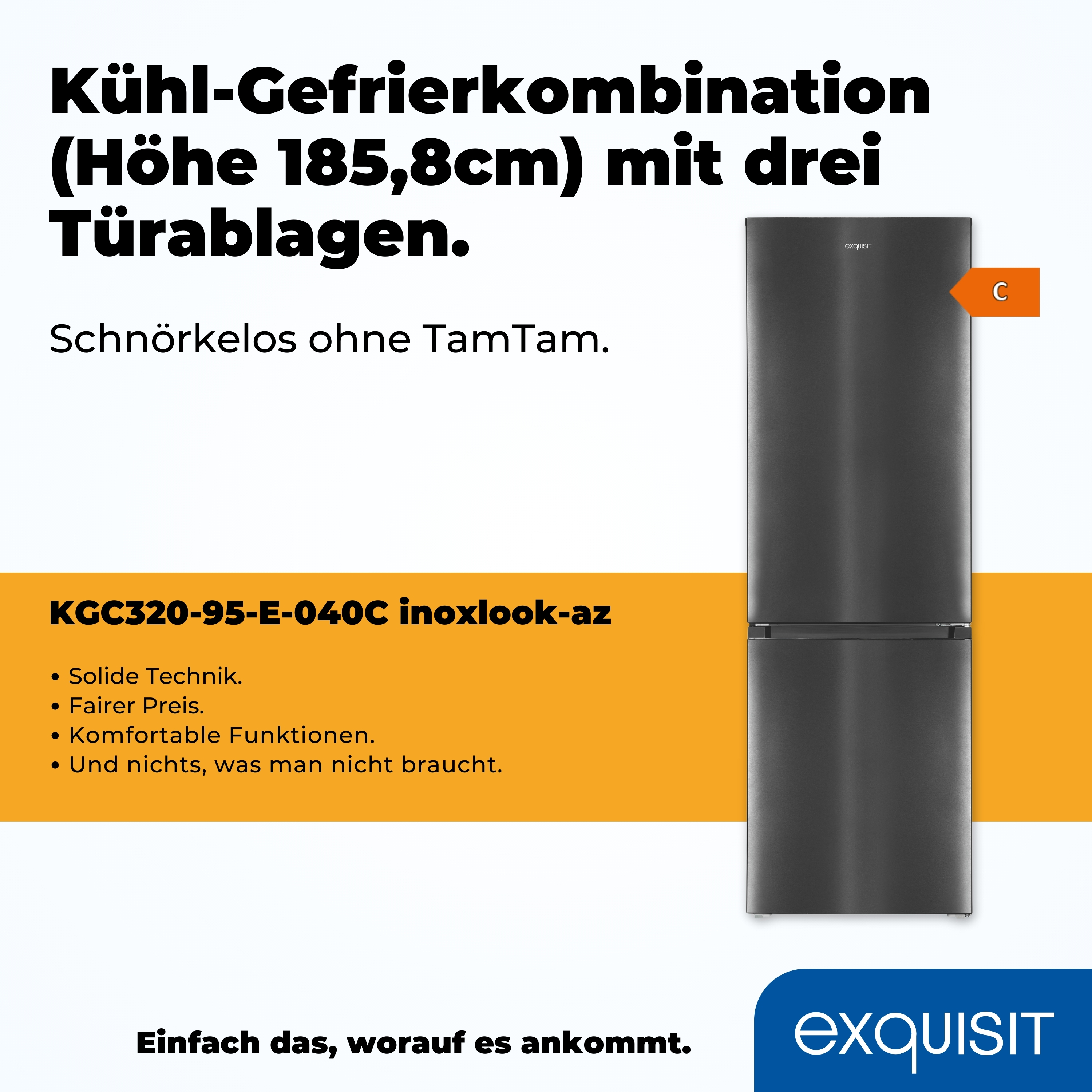 Schwarzer Kühlschrank mit drei Türfächern. Der Text lautet 'KGC320-95-E-040C inoxlook-az'.