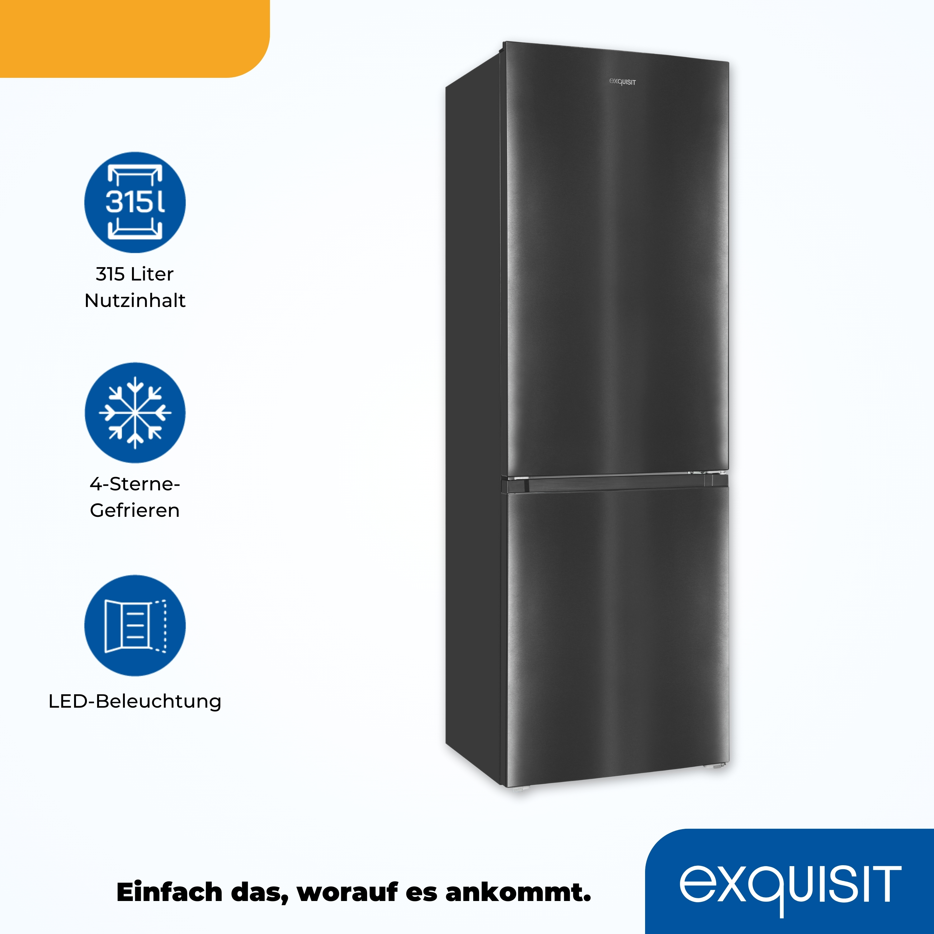 Ein schwarzer Kühlschrank mit Text über seine Eigenschaften: 315L Fassungsvermögen, 4-Sterne-Gefrieren und LED-Beleuchtung.