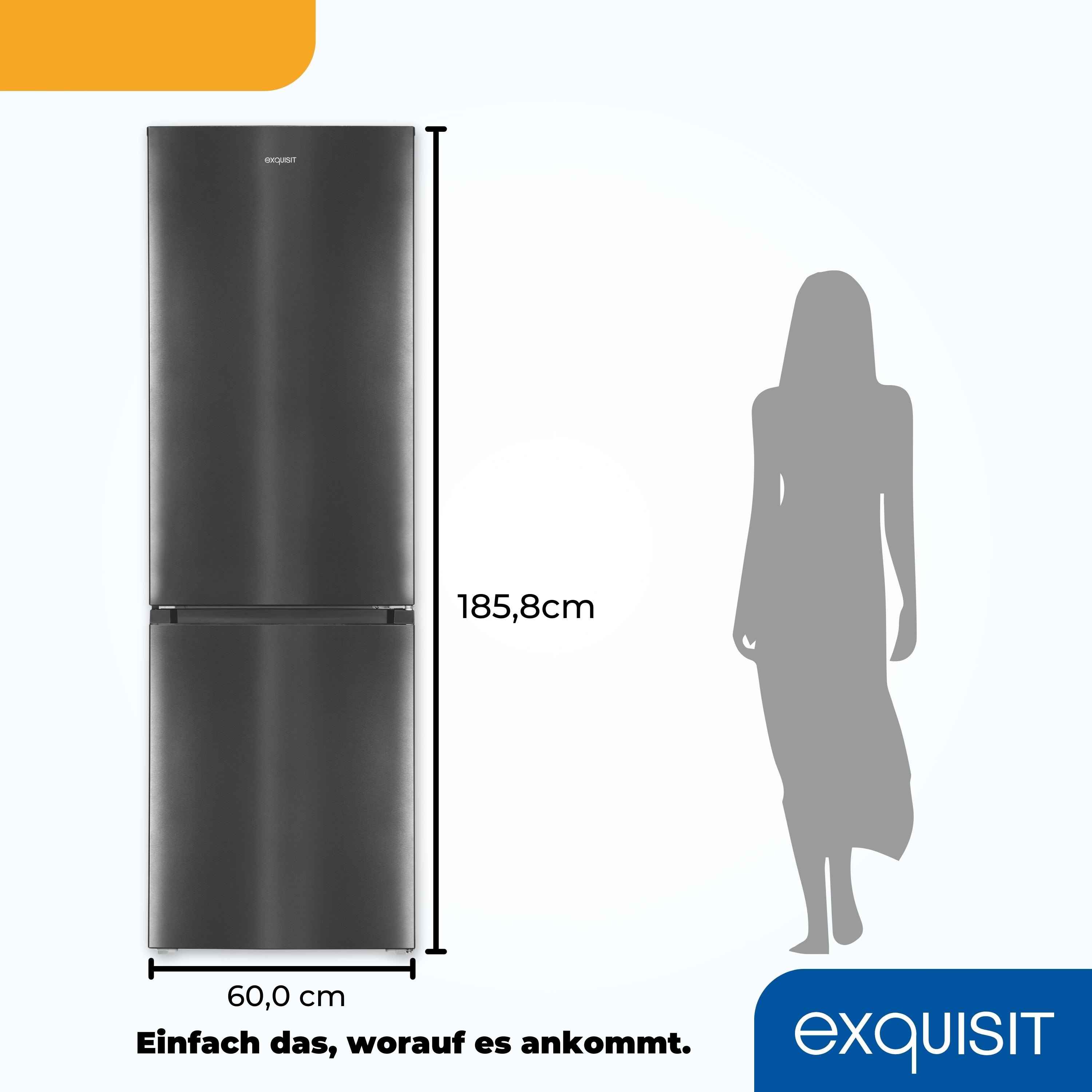 Ein hoher, dunkelgrauer Kühlschrank steht neben der Silhouette einer Frau.