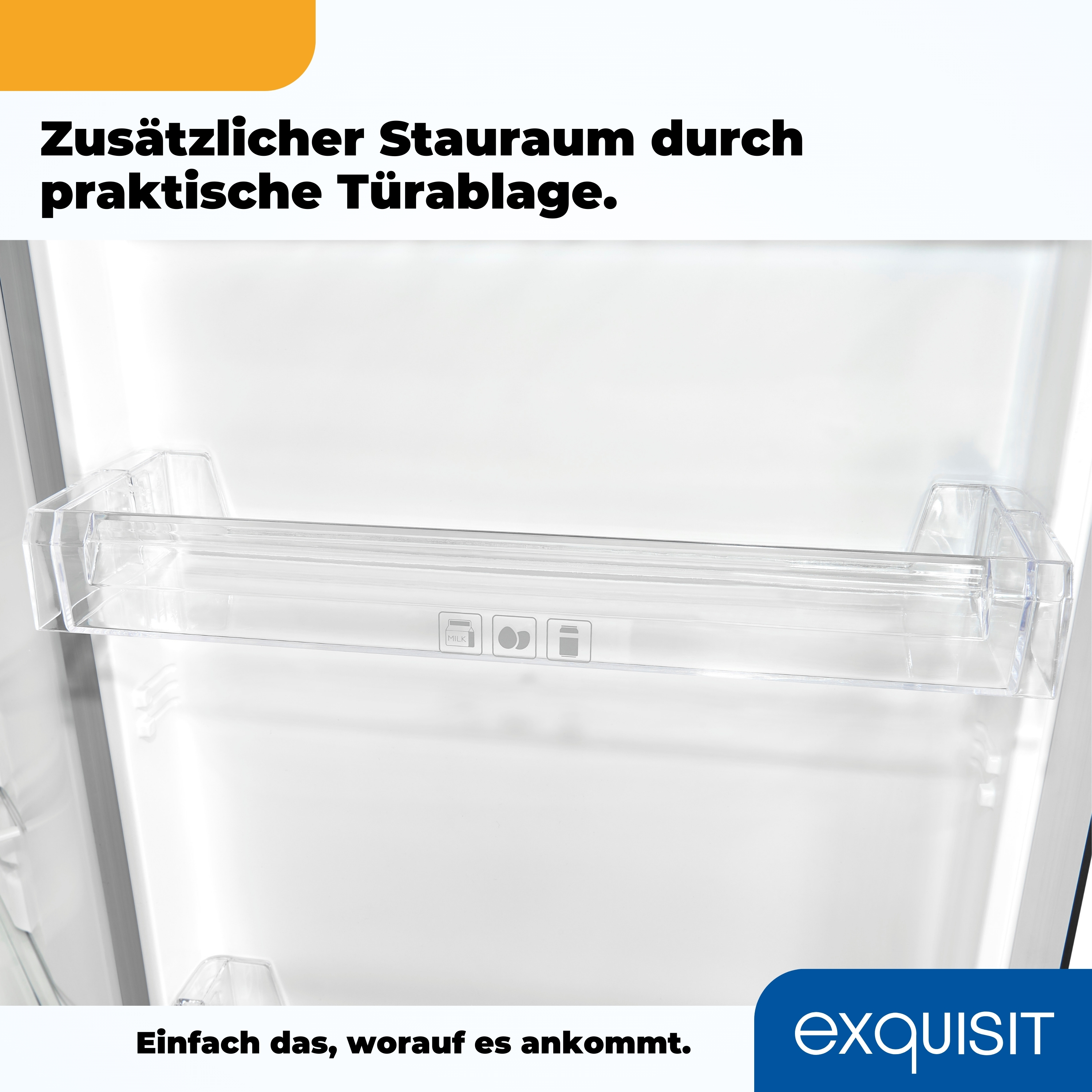 Kühlschrankinnenraum mit einem transparenten Türregal und Text über Stauraum.