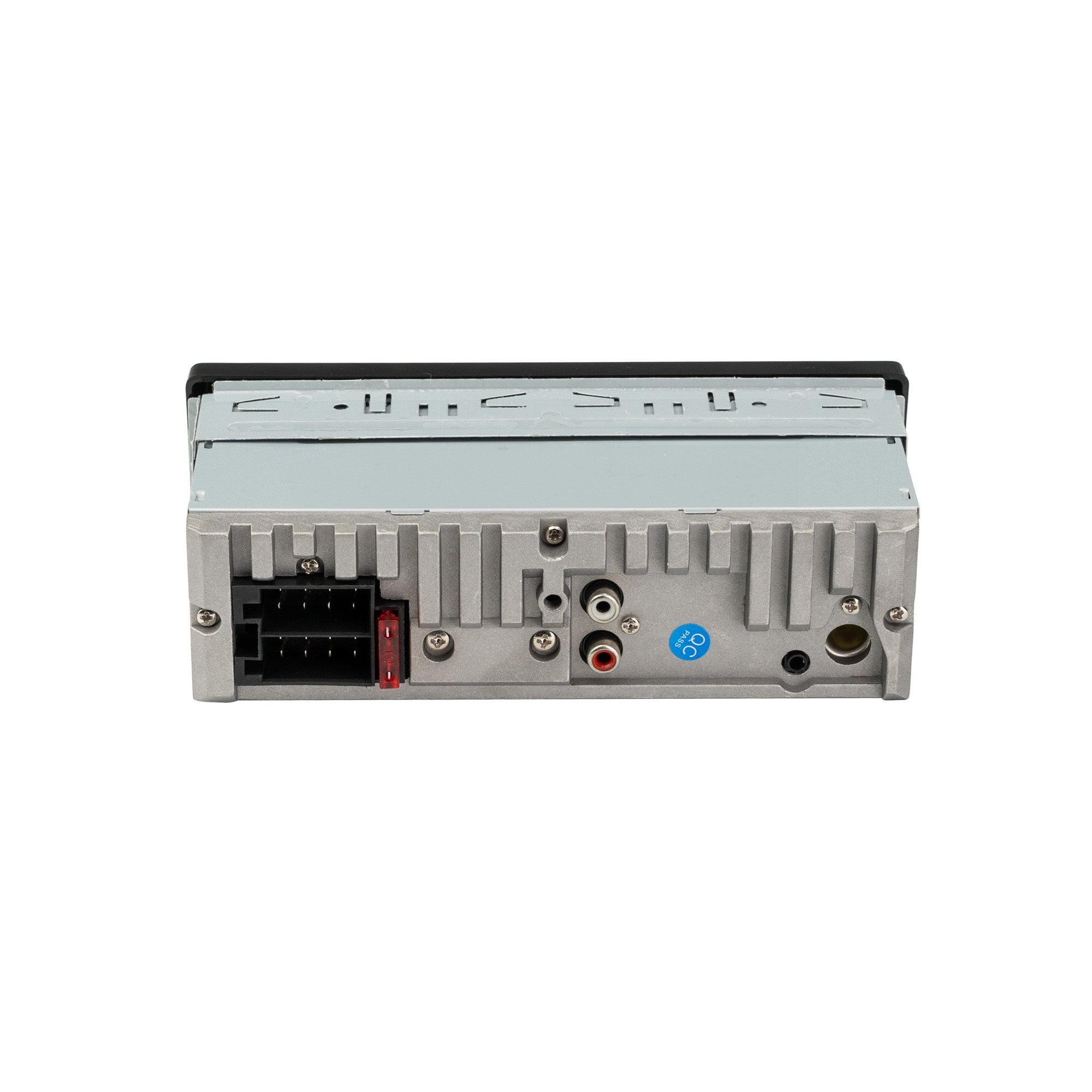 The back of a car stereo with various input ports and a blue QC sticker.