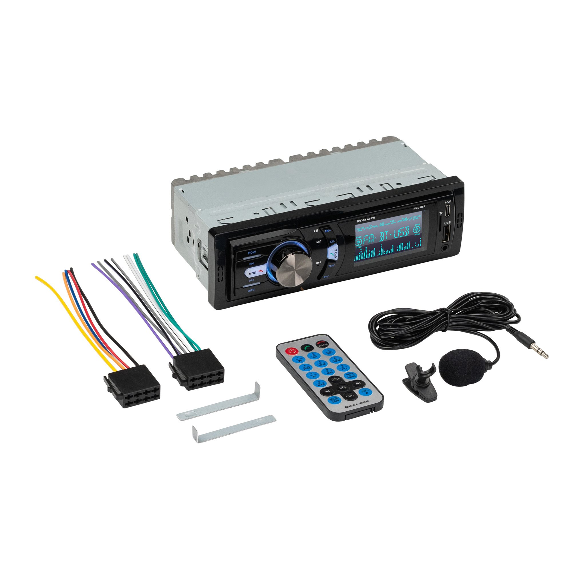 Car stereo with wires, remote, and microphone. Has a screen with buttons and a central dial. Black and silver.