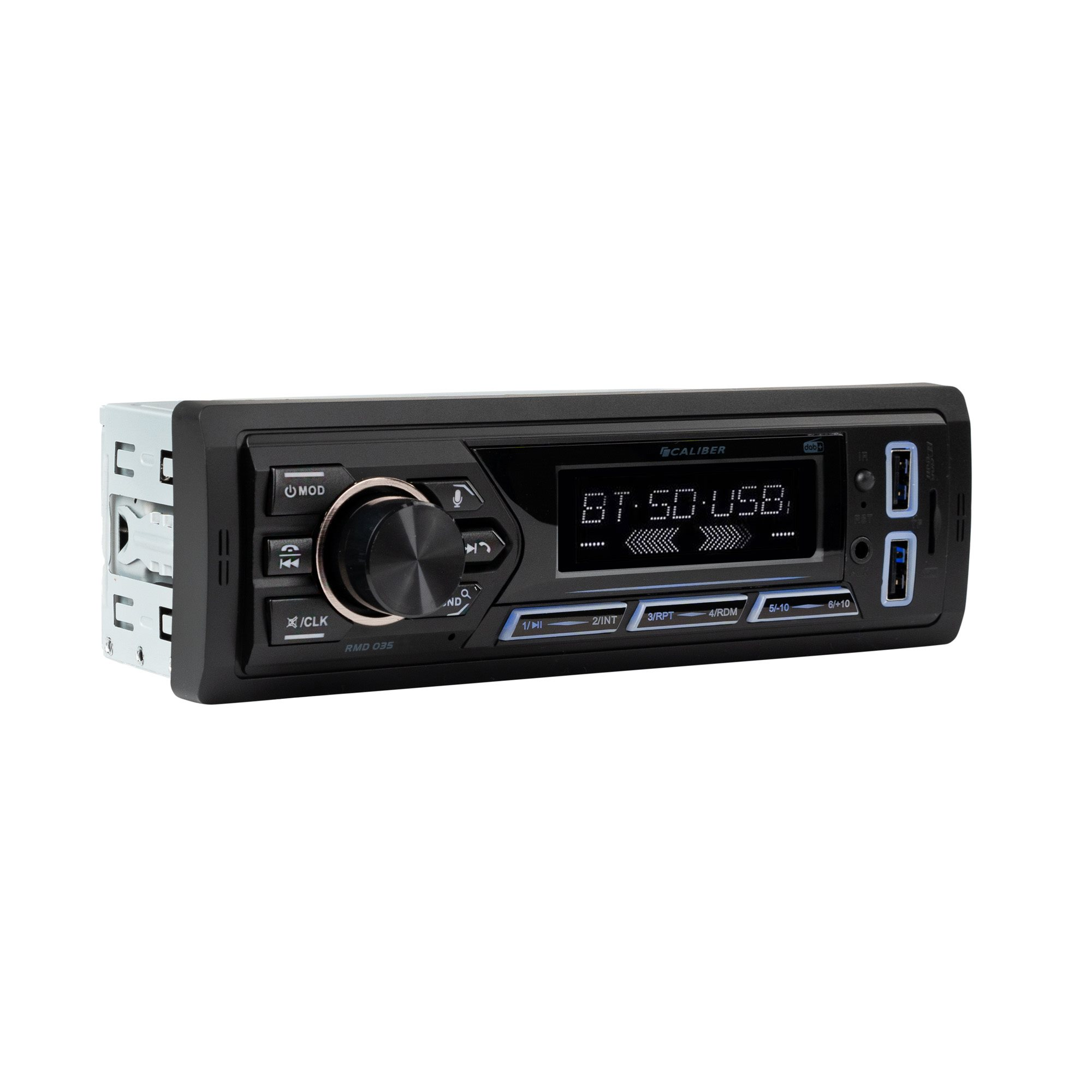 Car stereo with a black face, buttons, and a display.