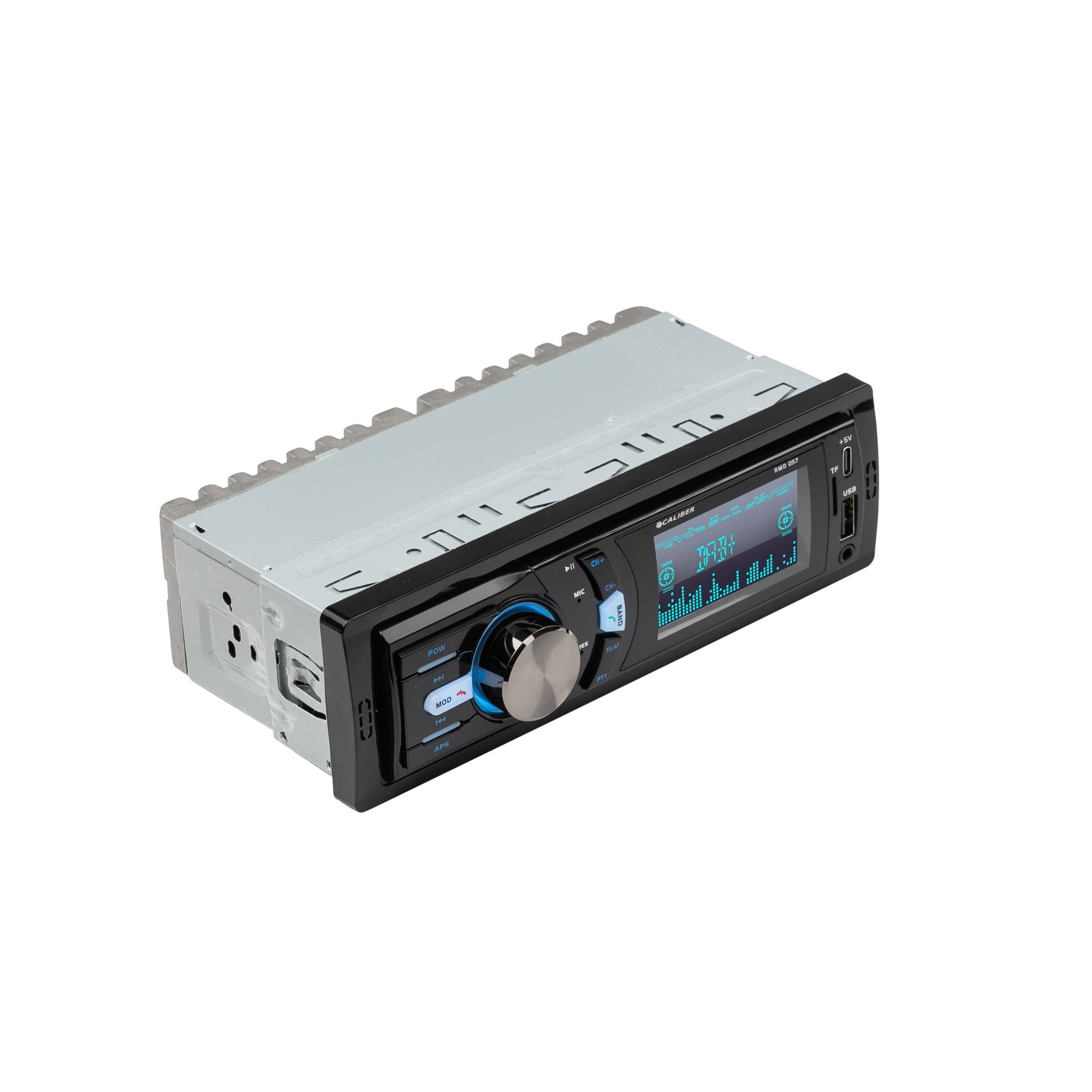 Autoradio met scherm en knoppen, zwart en zilver.