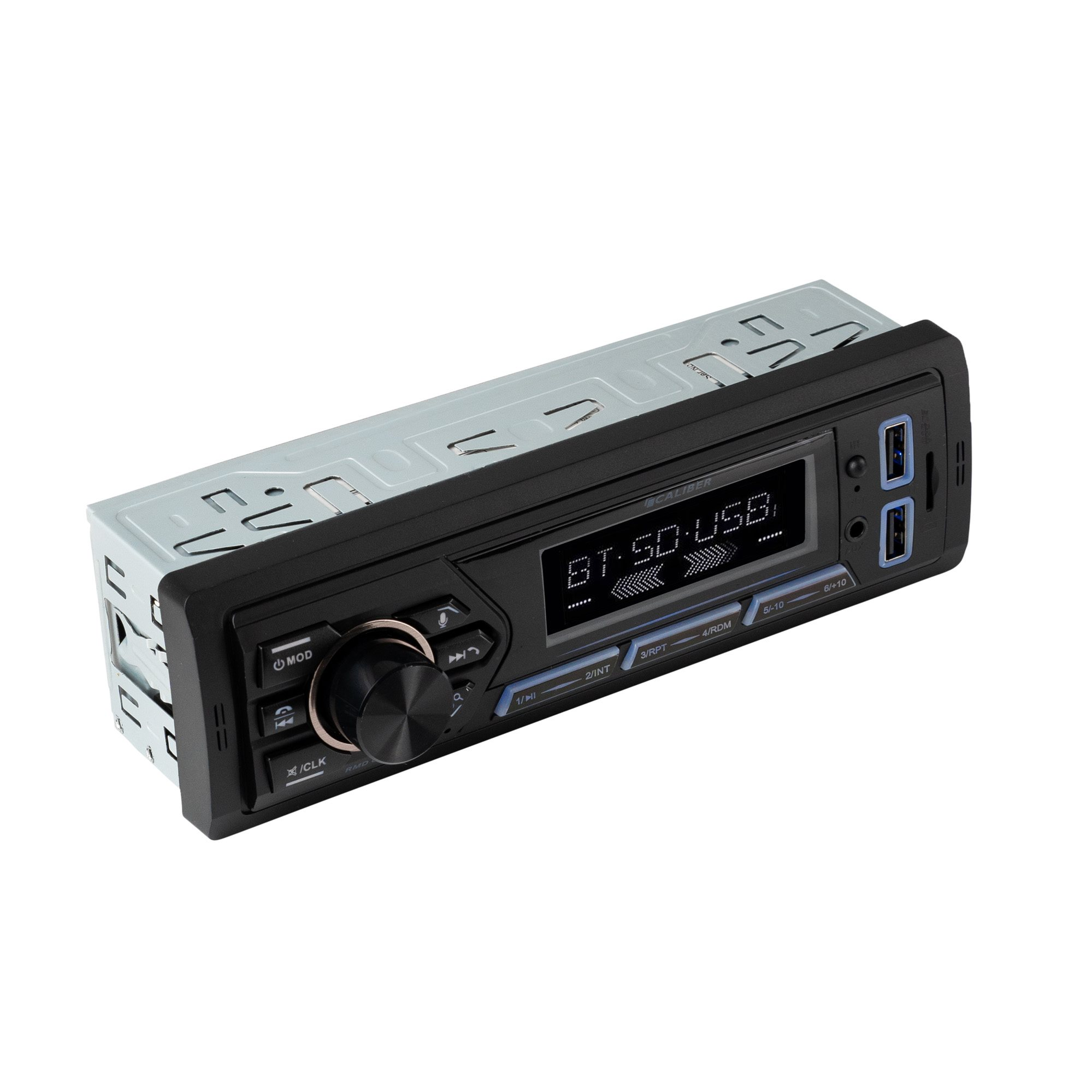 A car stereo with a screen and buttons, in a metal frame.