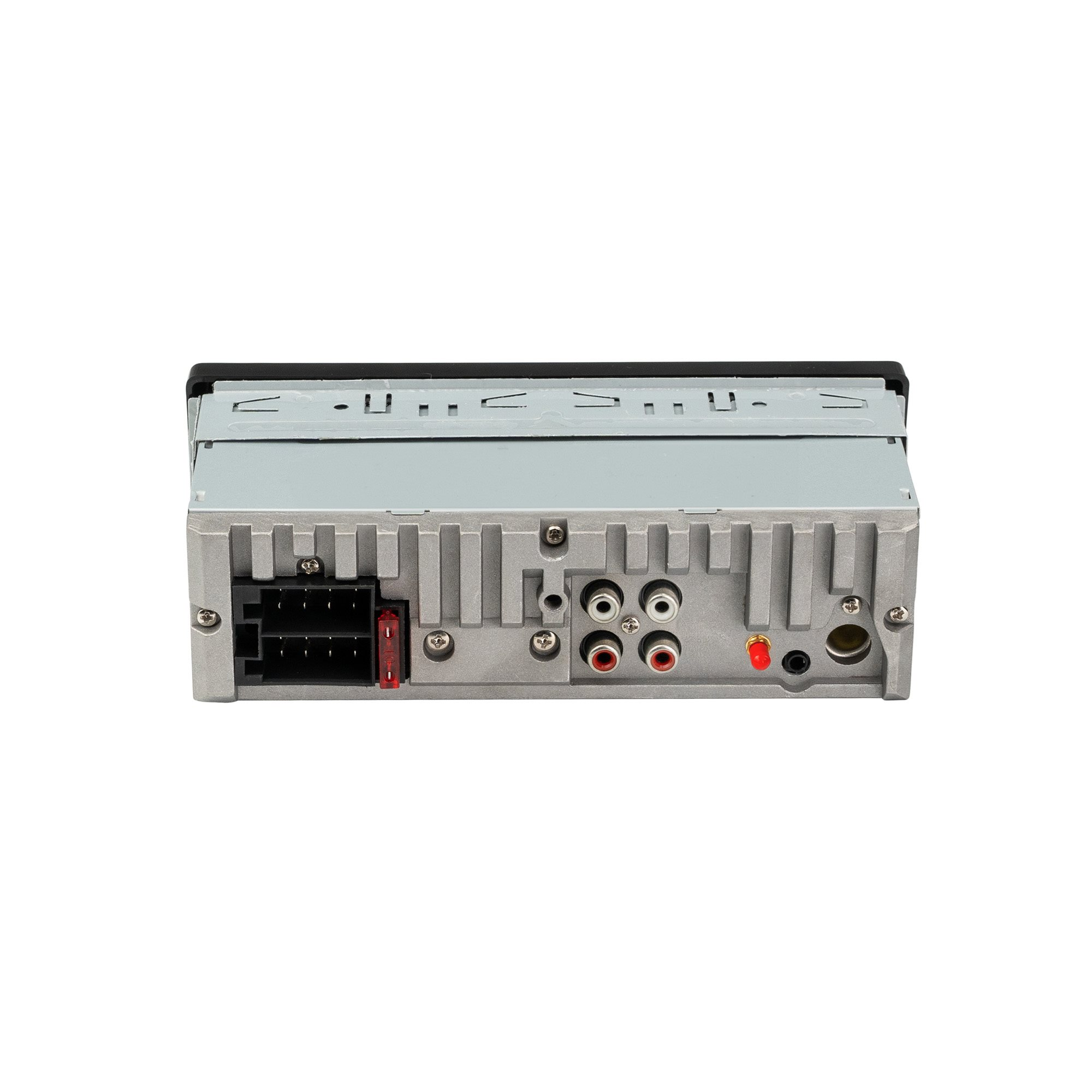 Achteraanzicht van een autoradio met diverse ingangspoorten en een rood licht.