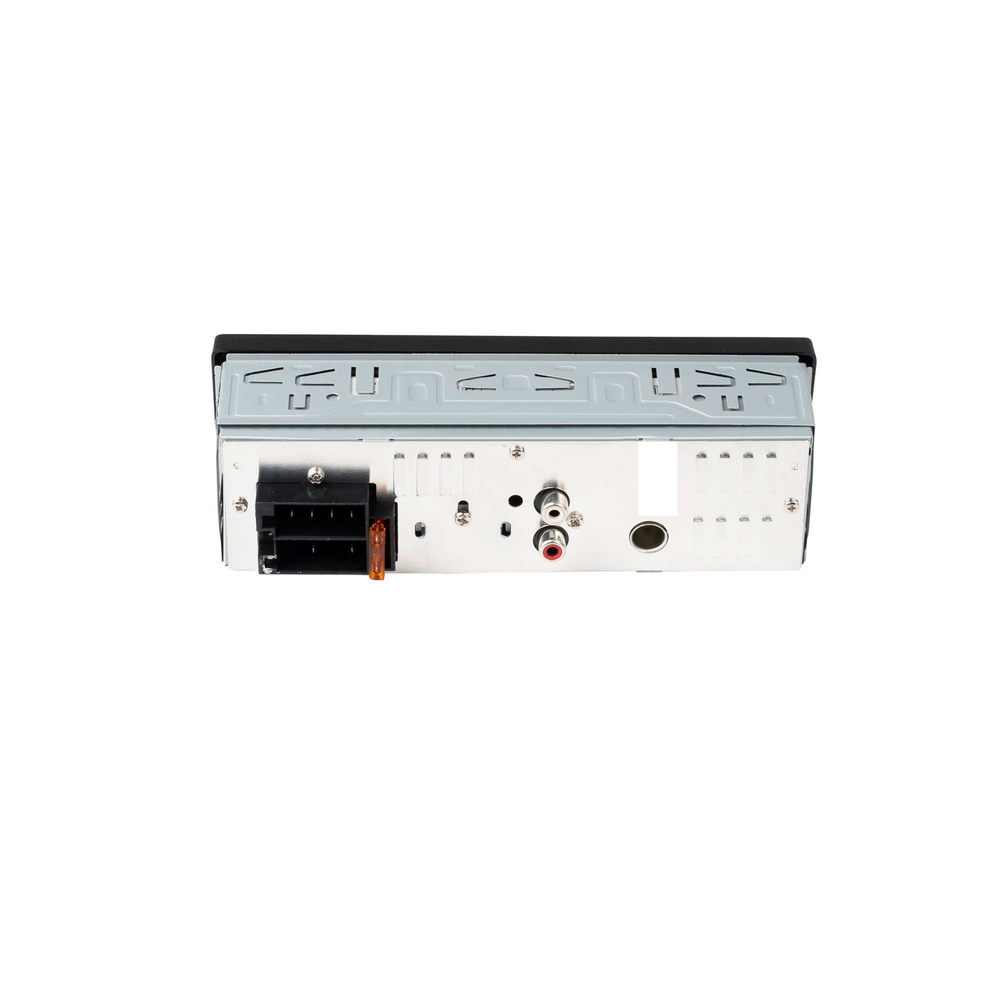 Car audio receiver rear view. Black and silver with ports and connectors.